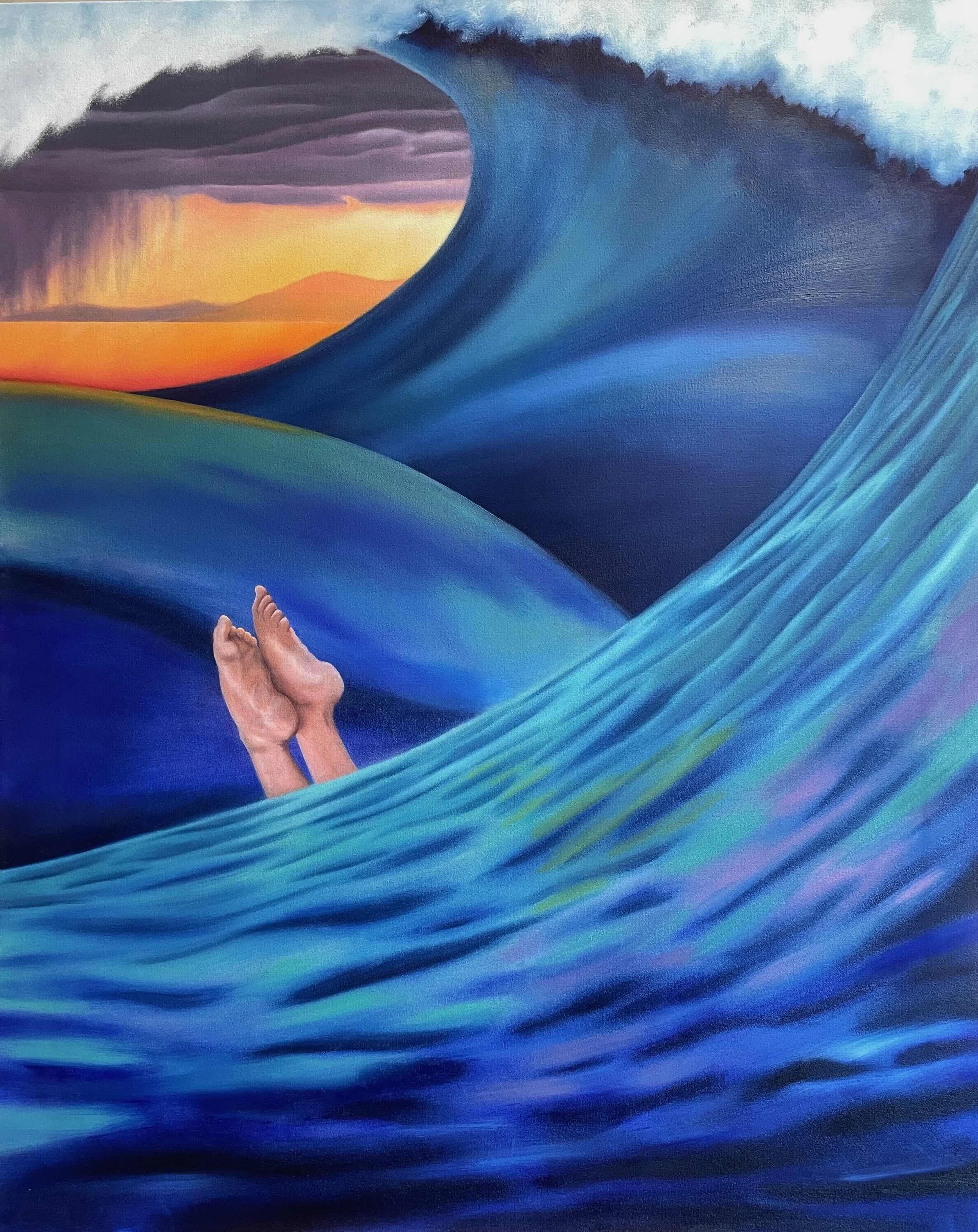 Giant waves roll far off the coast, where a storm can be seen through the barrel of the wave. In the chaos, a swimmer dives under a wave, strong and confident. The painting represents self-belief in the face of the enormous challenges of life.