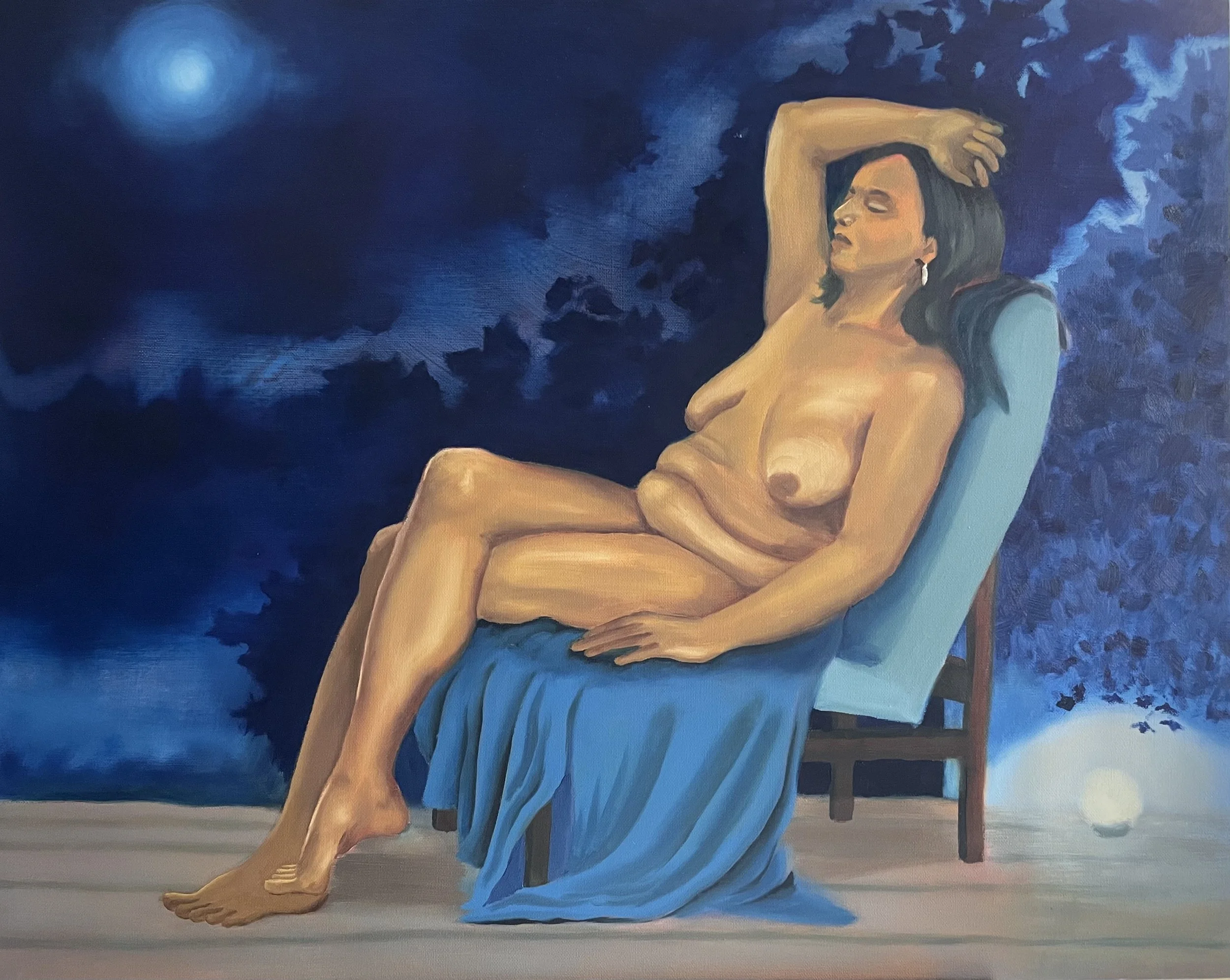 Painting from life of reclining nude with imaginary moonlit background