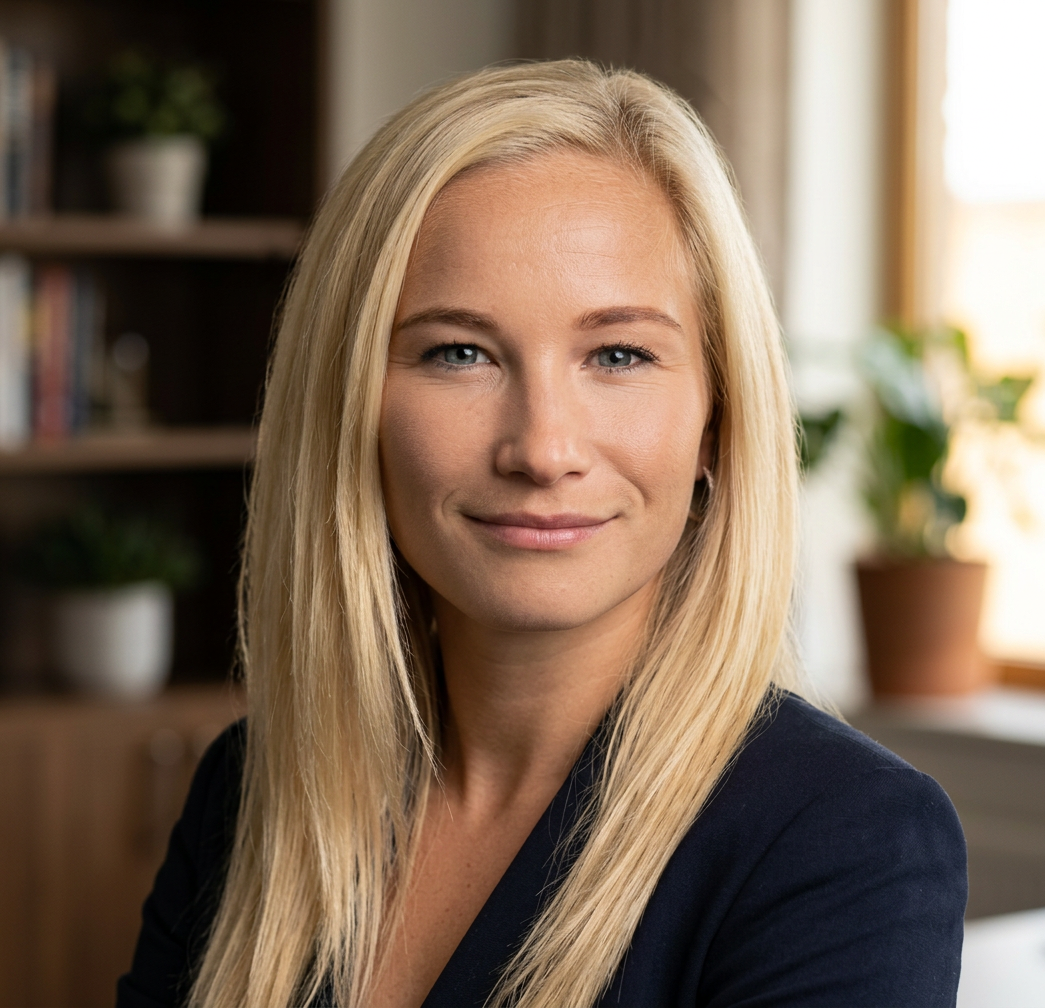 A woman with long blonde hair smiling in an indoor setting with books and plants in the background.