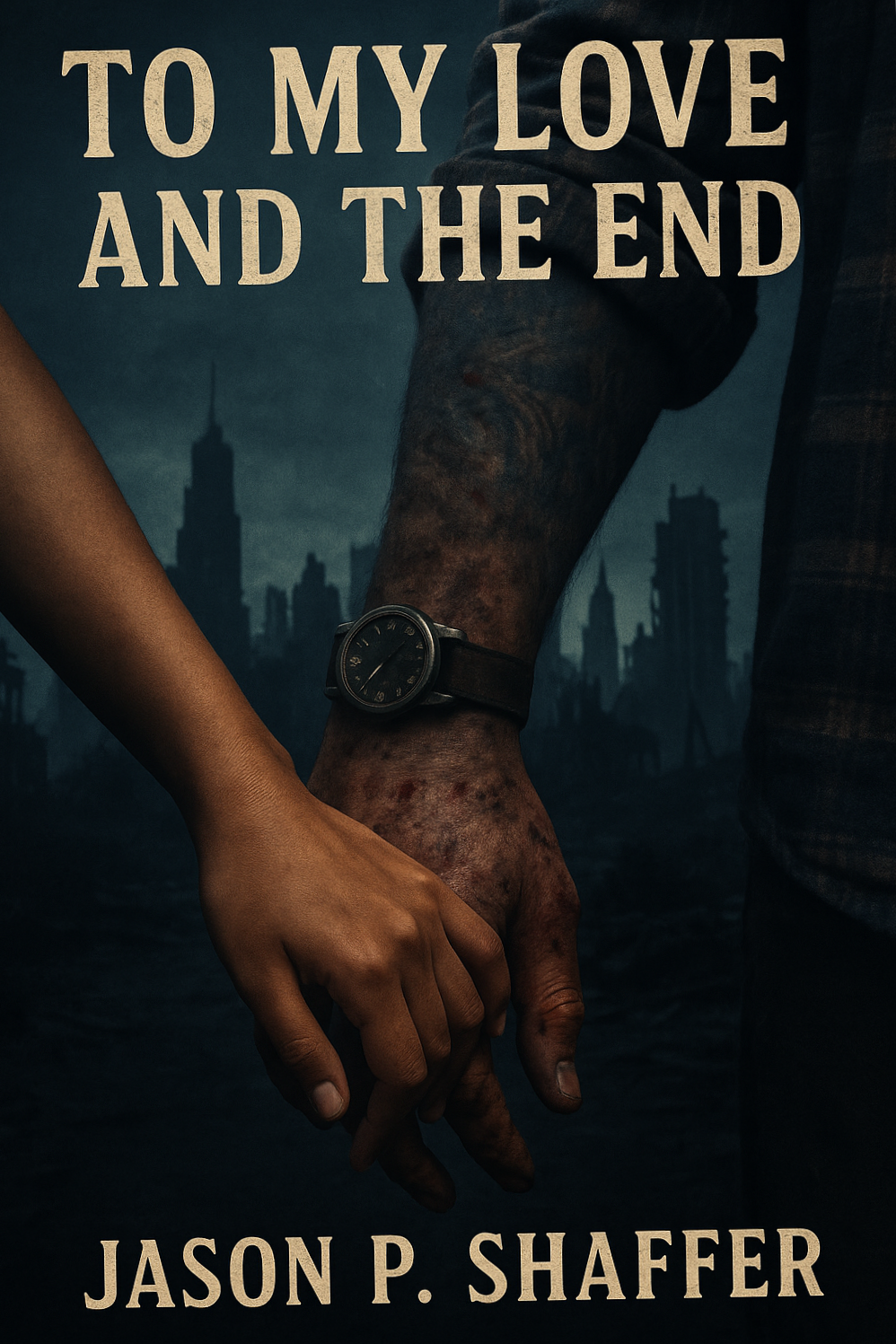 A book cover titled "To My Love and the End" by Jason P. Shaffer, featuring a close-up of two hands holding each other against a dark city skyline background at night. The hand on the left is of a woman, and the hand on the right is of a man wearing a watch.