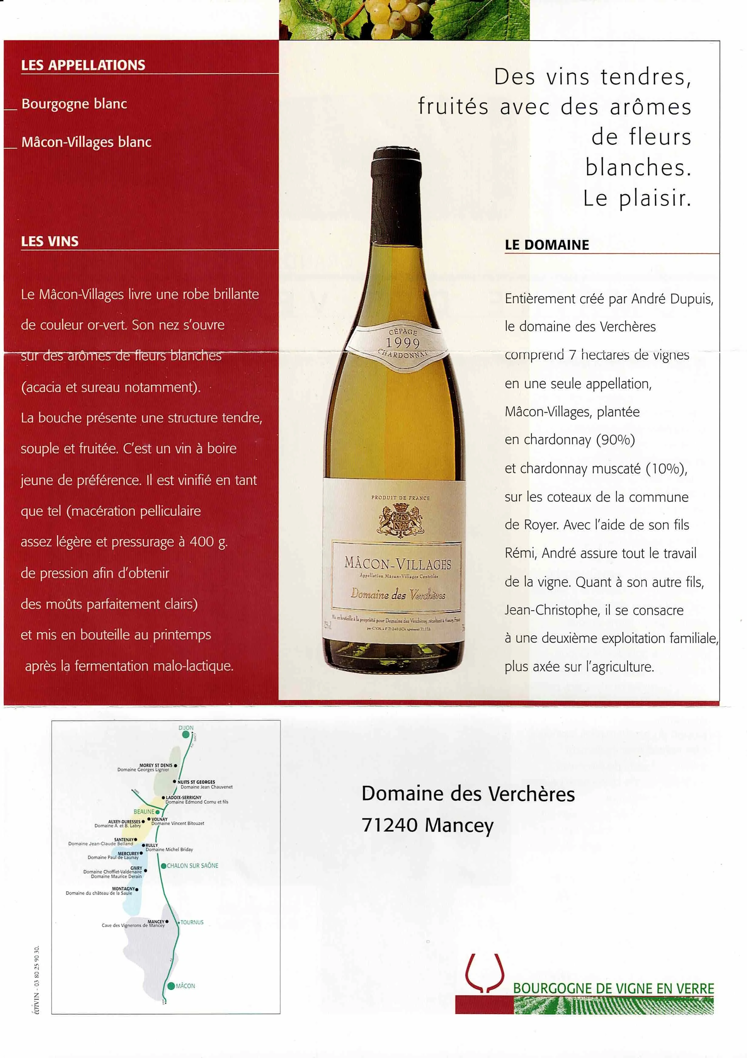 Page d'étiquette de vin avec une bouteille de Mâcon-Villages. Description en français du vin, de son origine, et de son créateur, ainsi qu'une carte de la région viticole du Bourgogne et un logo en bas à droite avec un verre de vin stylisé et le texte 'BOURGOGNE DE VIGNE EN VERRE'.