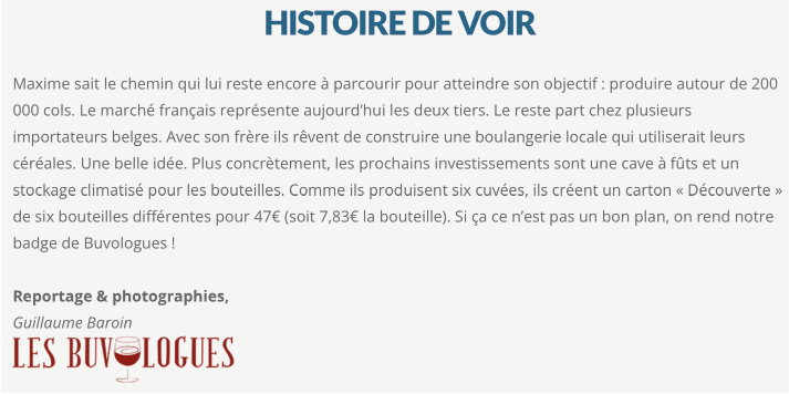 Texte expliquant l'histoire de la vigne, la production de bouteilles de vin, et la création d'une badge de Buvolouges, avec une mention du reportage et photographies de Guillaume Baroin et le logo de Les Buvologues.