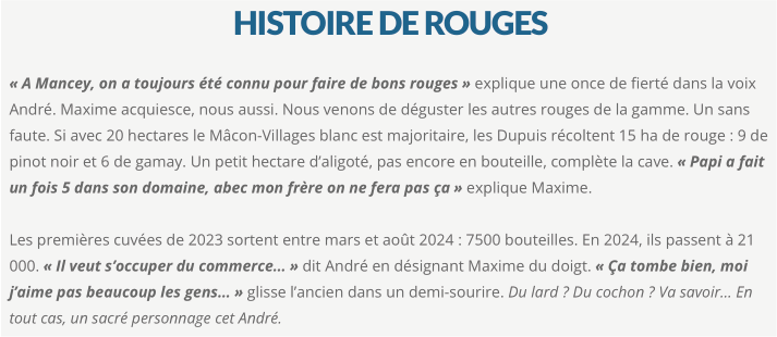 Page avec texte en français sur l'histoire du vin rouge, mentionnant Mancey, André, Maxime, et la production de vin