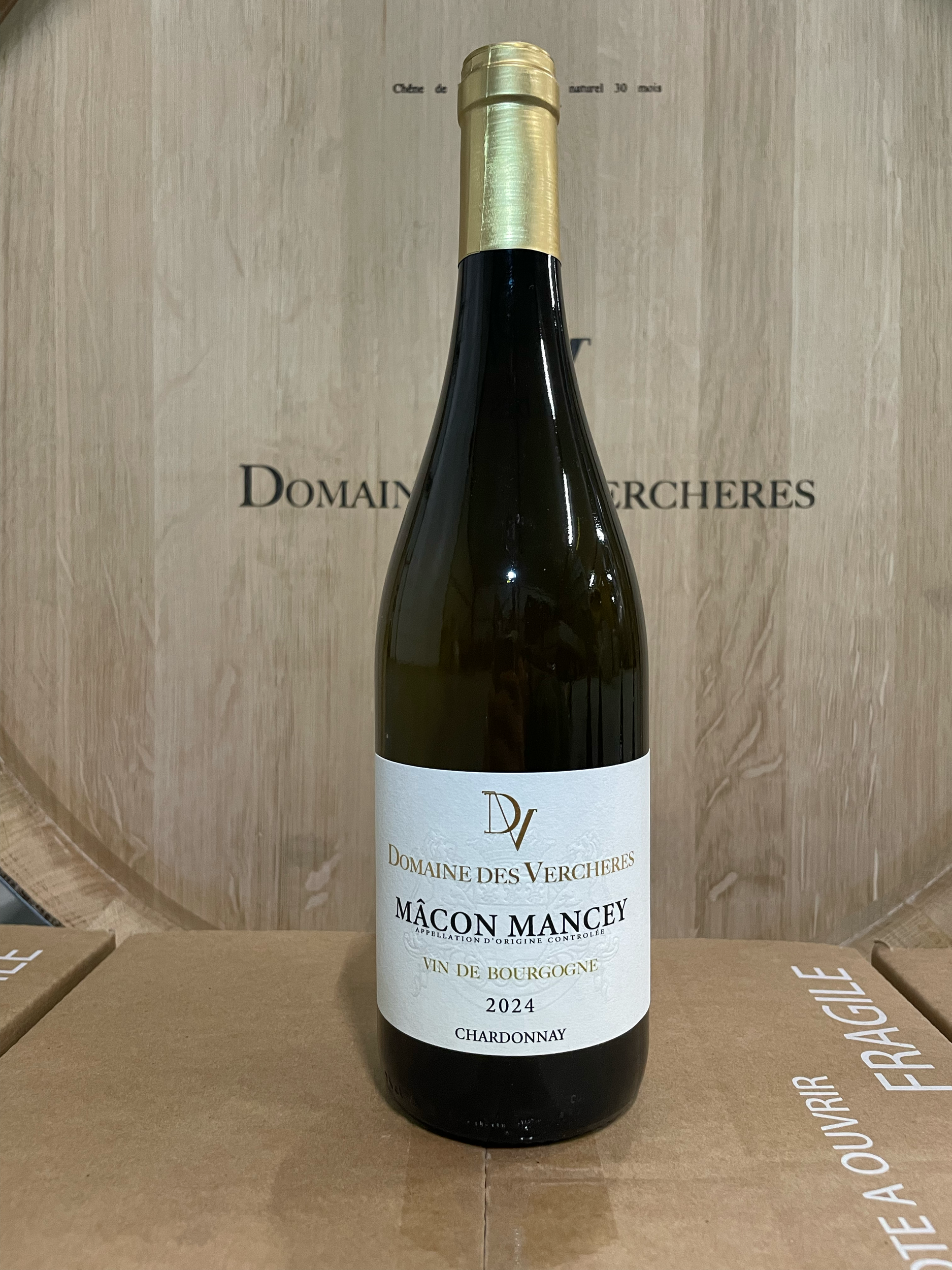 Bouteille de vin blanc Mâcon Mancey de 2024 du Domaine des Verchères.
