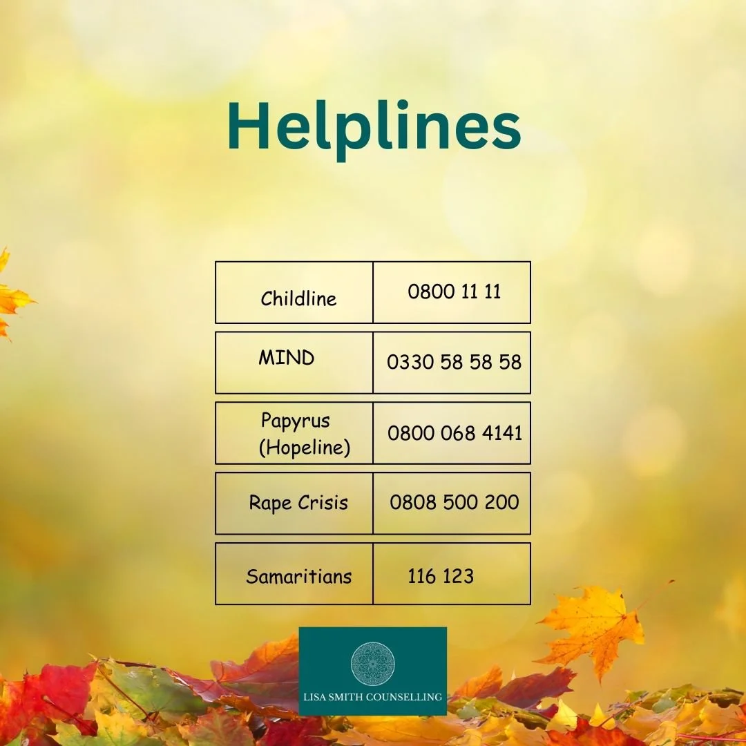If your therapist is away over half-term and you need support, here are some useful helplines

If you are considering counselling/psychotherapy &amp; would like an informal chat, email: lisa@lisasmithcounselling.com

#counselling #counsellingsandwell