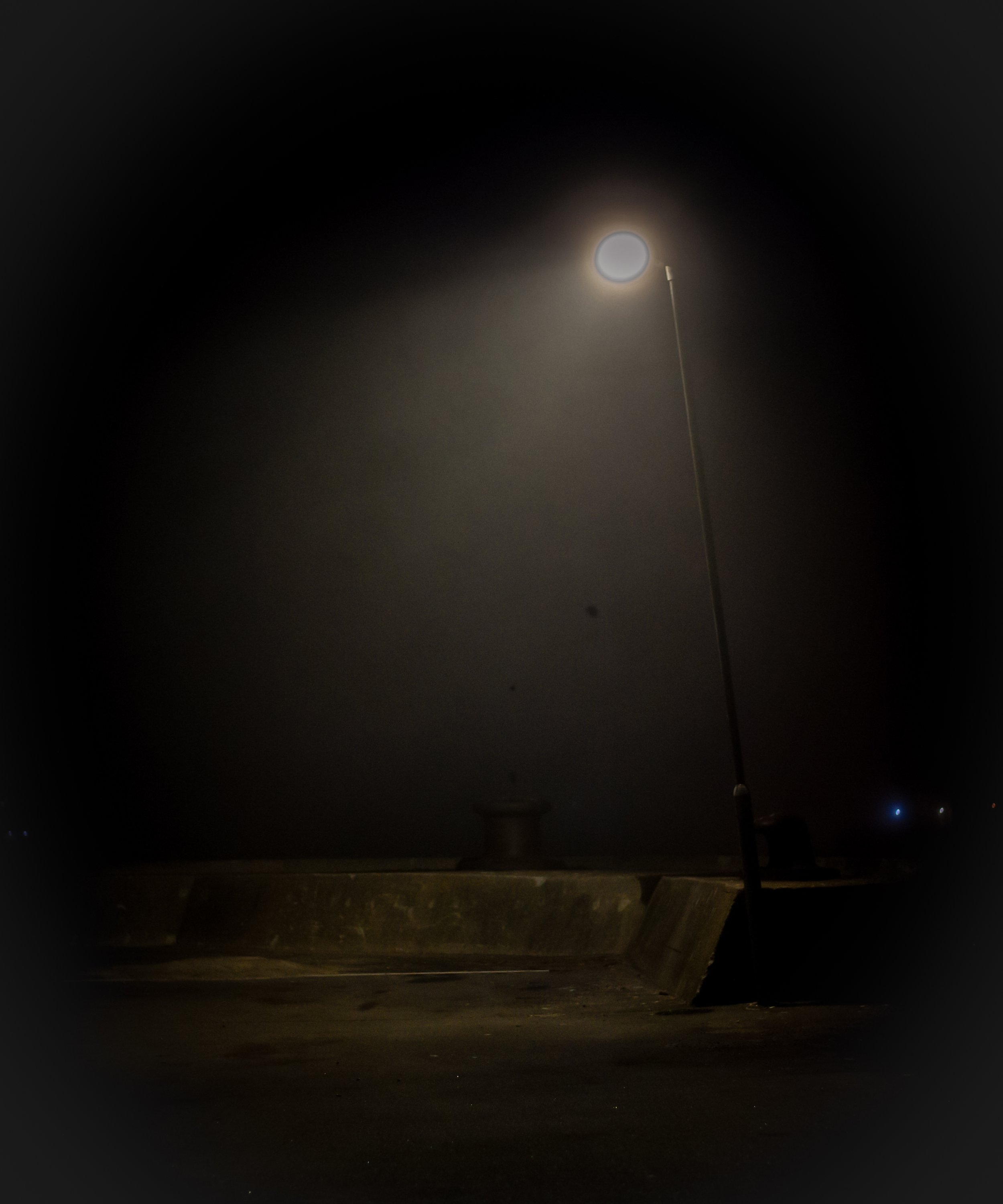 Streetlight illuminating a misty night scene.