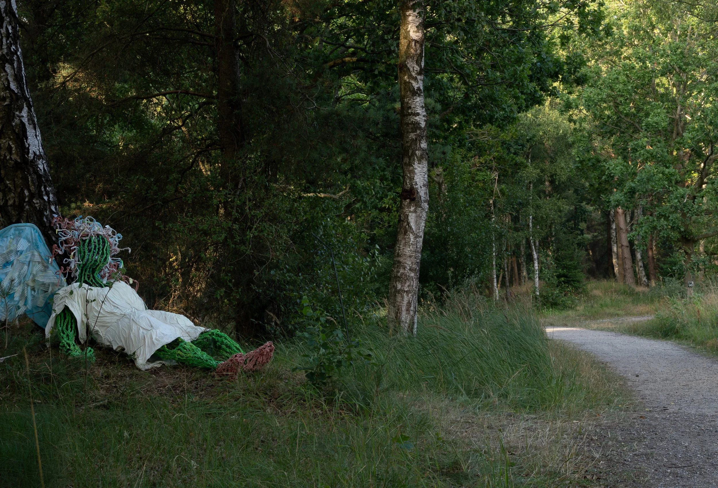 A reclining figure beside a path in a wooded area.