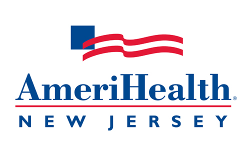 AmeriHealth New Jersey logo with a blue square, red waving lines, and blue text.