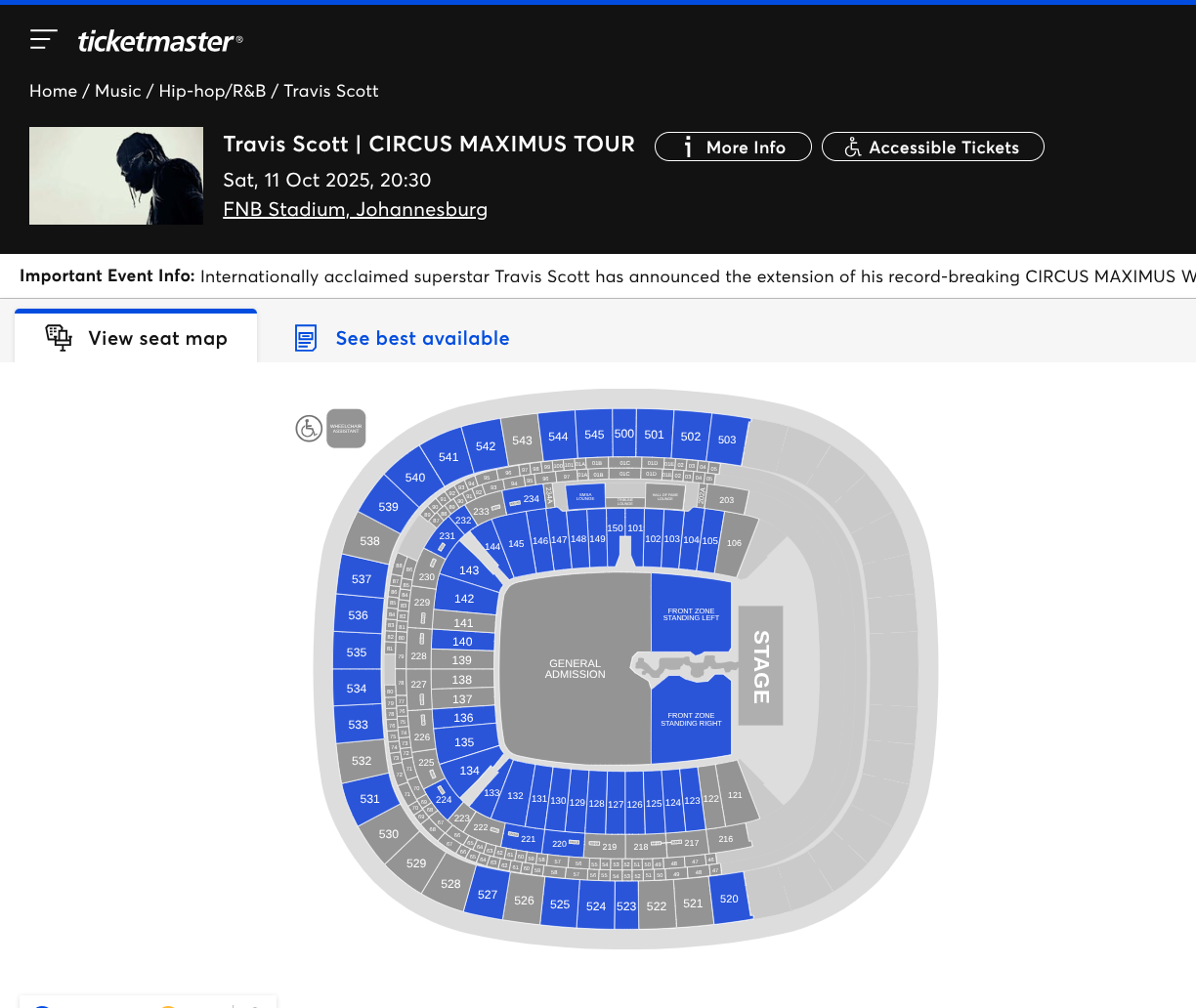 Ticketmaster webpage displaying Travis Scott's CIRCUS MAXIMUS TOUR concert at FNB Stadium in Johannesburg on October 11, 2025, with a seating chart highlighting general admission and stage areas.