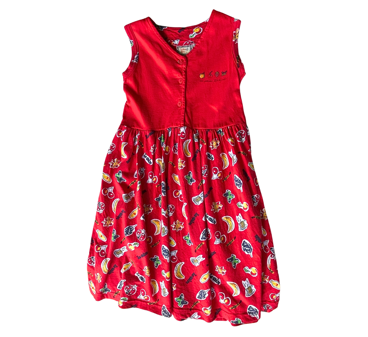 90s Cherry Red French All-Over Garden Fruit Dress Size 4-5