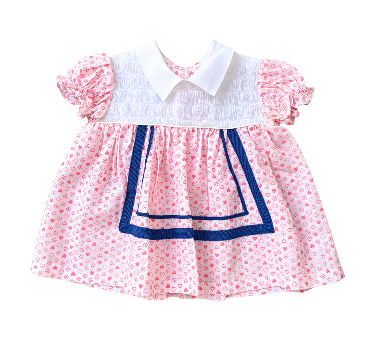 70s Collar Apron Baby Dress Pink Hearts Size 0-1