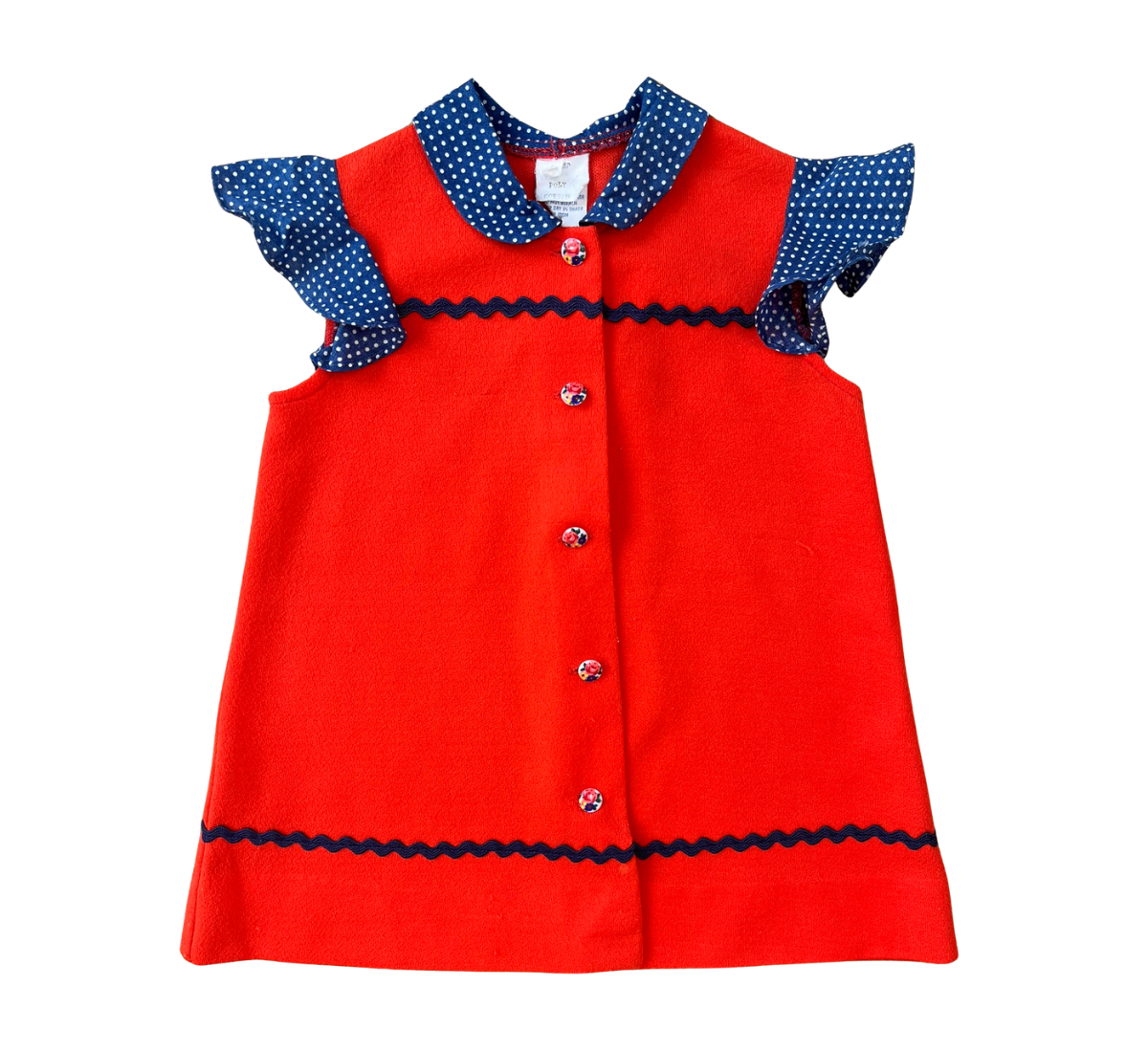 70s Folk Ric Rac Baby Dress Red Navy Size 2