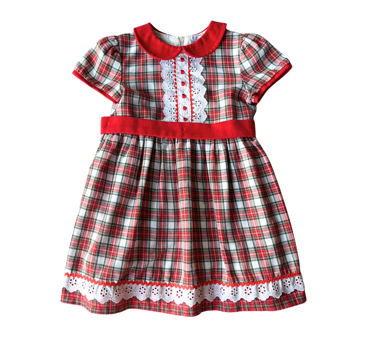 90s Christmas Traditional Plaid Eyelet Lace Dress Size 6-7