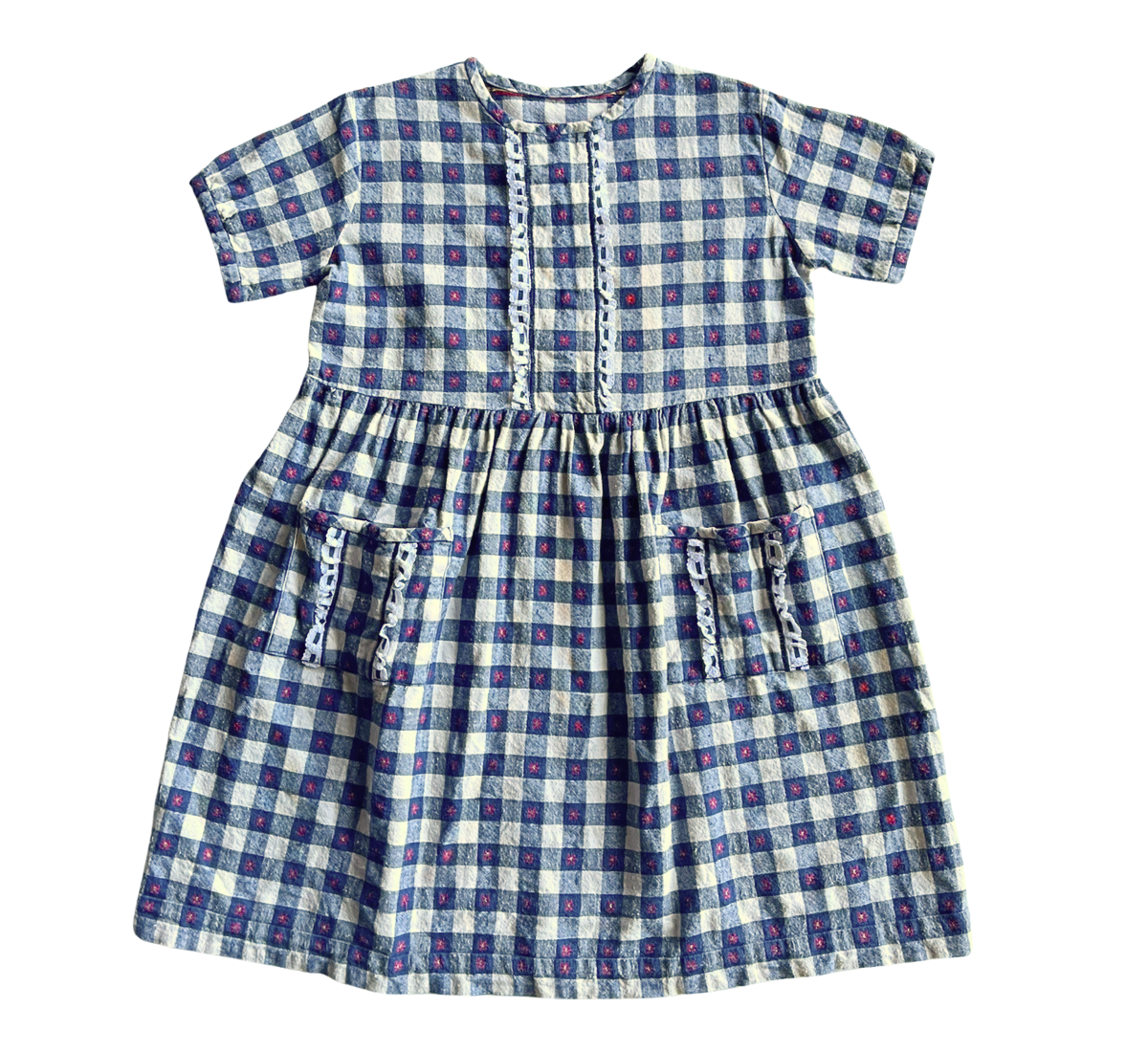 90s Handmade Prairie Dress Navy Gingham Floral Size 8-9