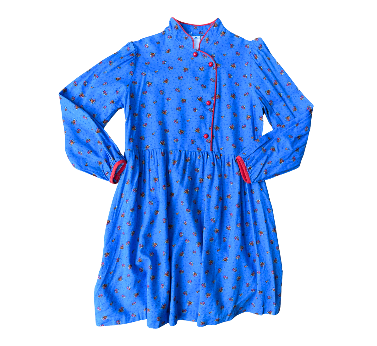 80s Contrast Red Floral Long Sleeve Dress Blue Size 7-8