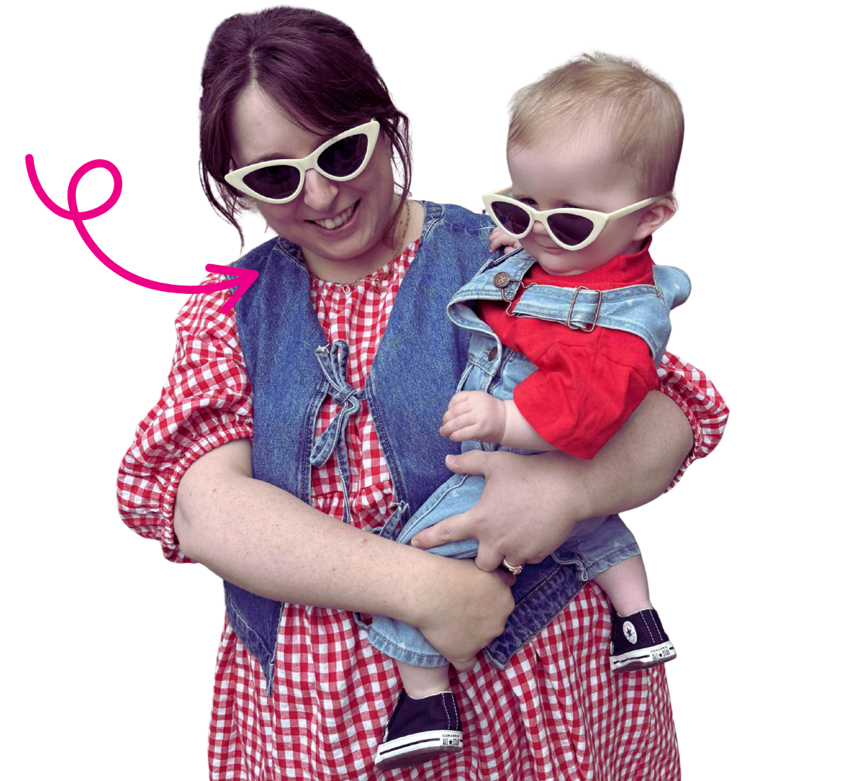 A woman and a young baby wearing matching white sunglasses and smiling. The woman is holding the baby in her arms, and they are both dressed in red and denim clothing with a pink arrow pointing to her. The background is transparent.