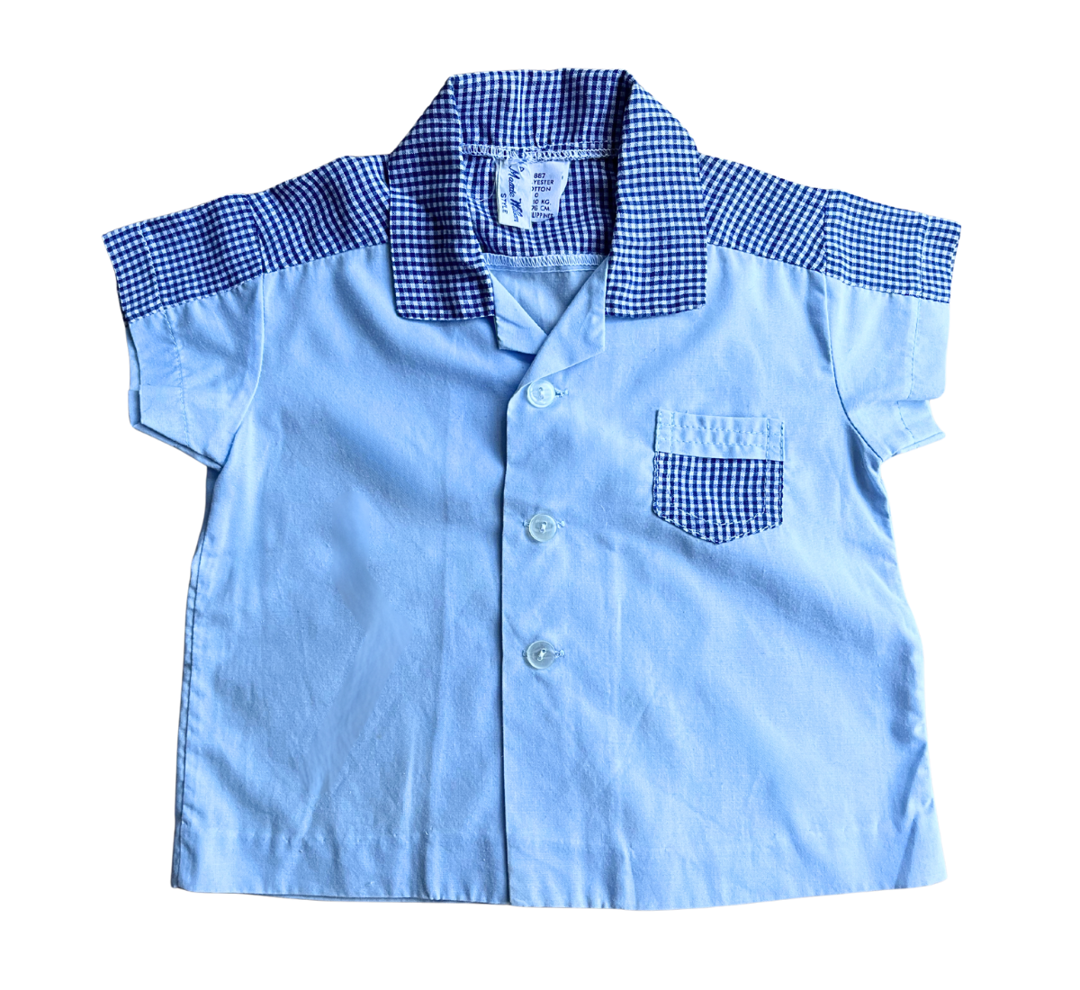 60s Navy Gingham Contrast Button Up Short Sleeve Shirt Size 0