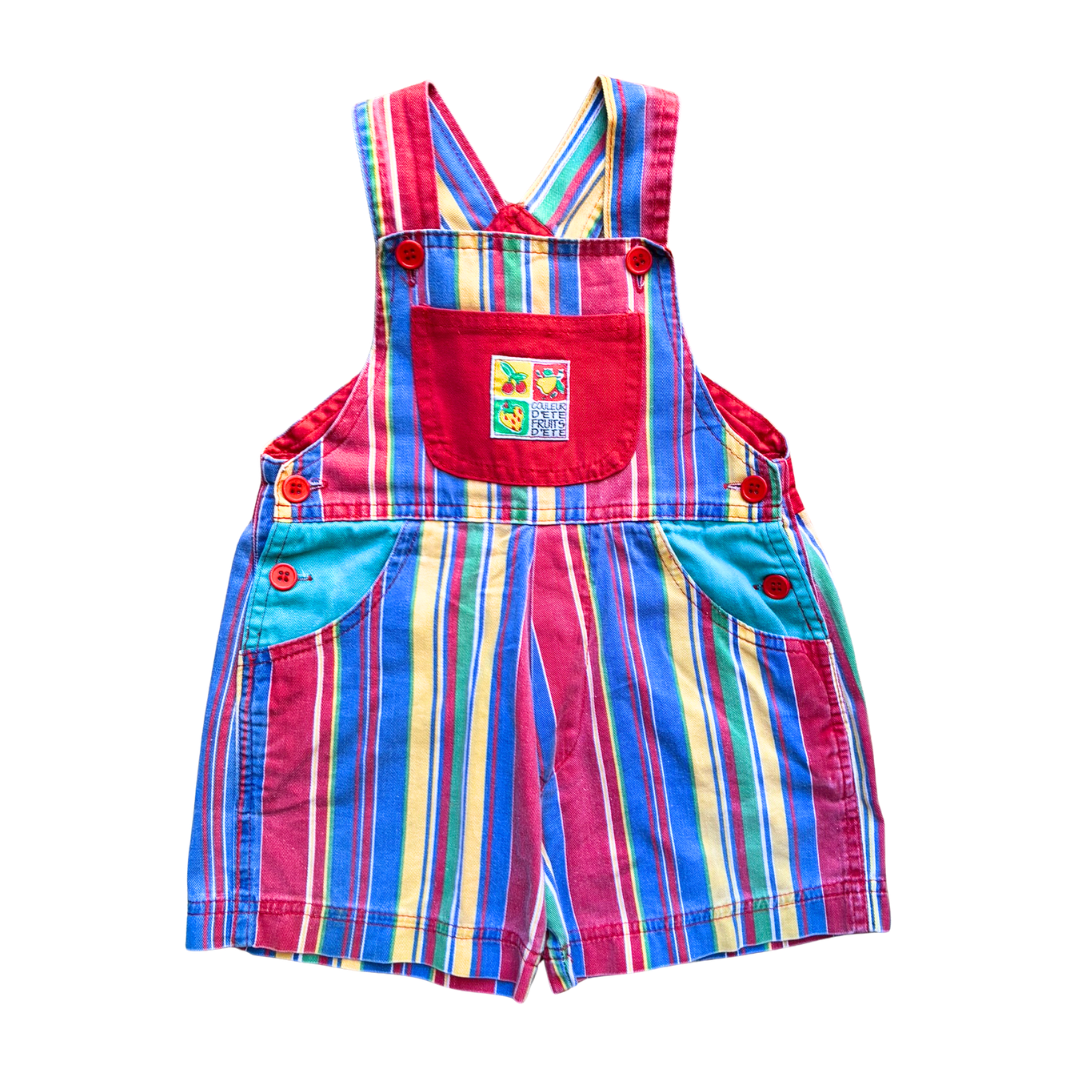 90s French Vintage Colourblock Summer Fruit Stripe Shortalls Size 18 Months