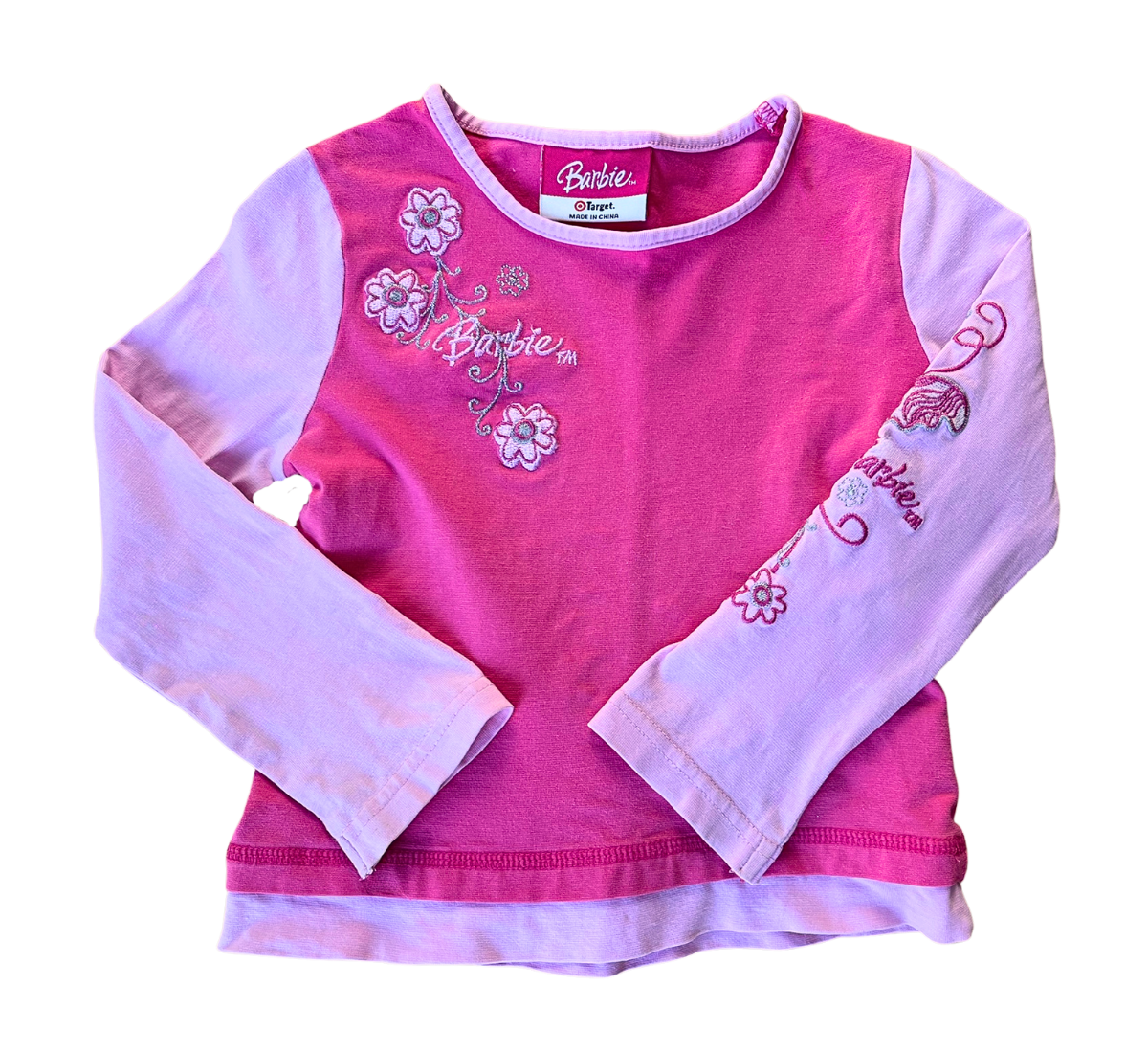 Y2K Barbie Two-Tone Pink Long Sleeve Embroidered Tee Size 3