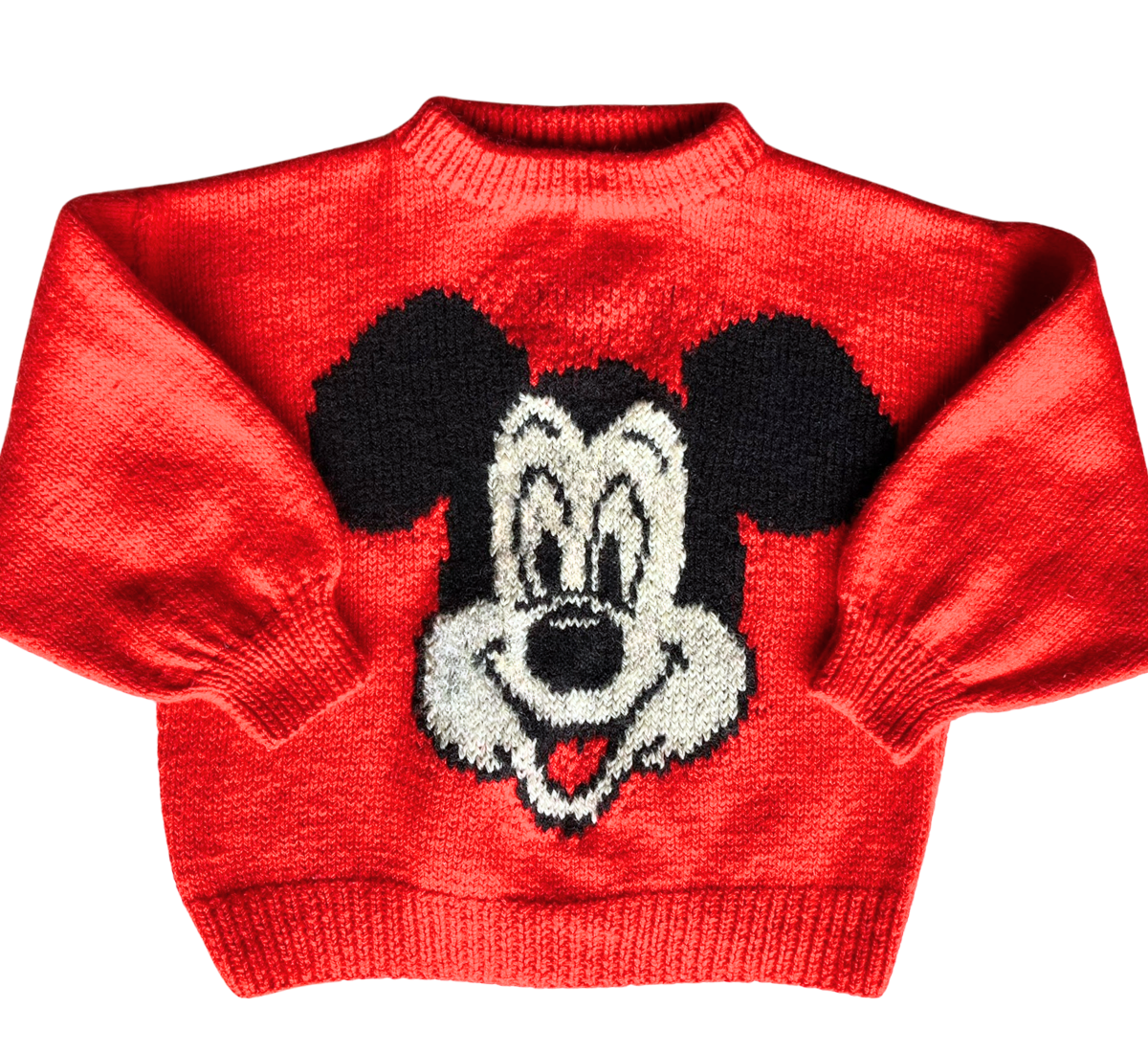80s Handmade Mickey Mouse Knit Jumper Red Size 6-7 Years