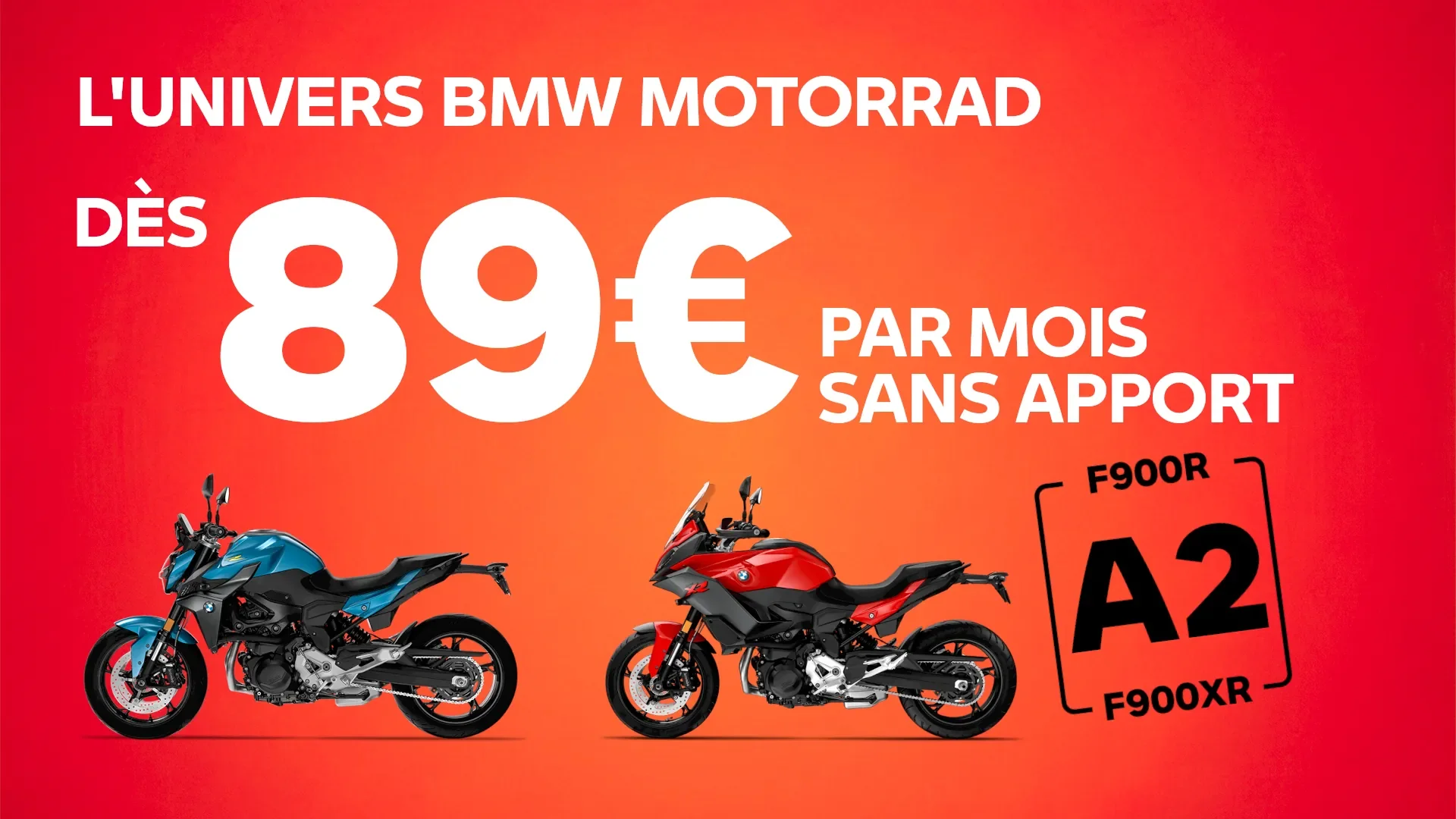 Les BMW F900R et F900XR permis A et A2 sont accessibles dès 89€ par mois en LOA sans apport.