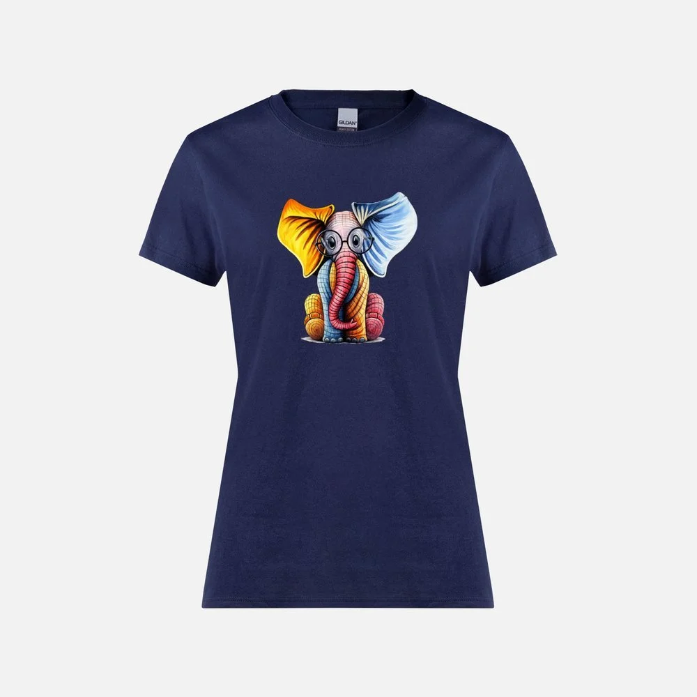 Multicoloured Elephant with Glasses - Womens blue t-shrit.jpeg