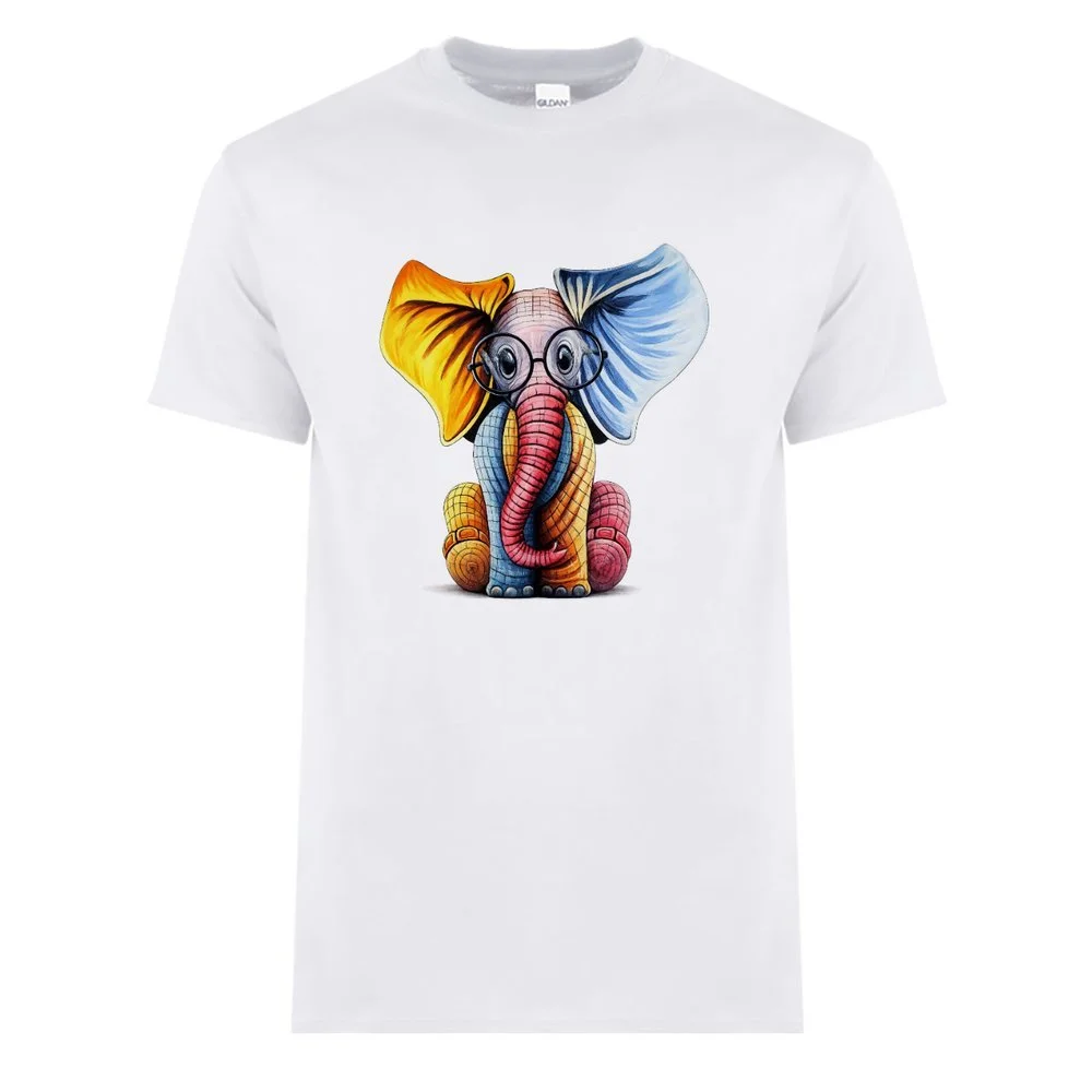 Multicoloured Tembo with Glasses - Men's White T-shirt.jpeg