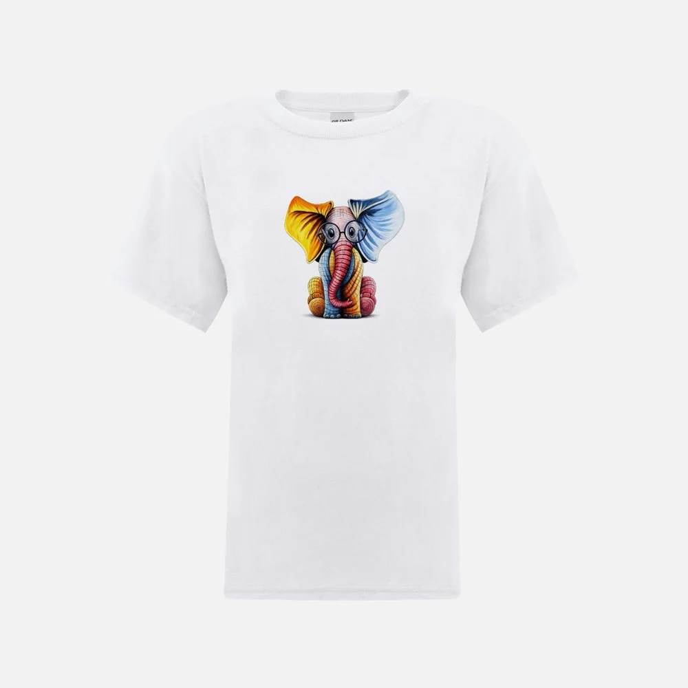 Multicoloured Elephant with Glasses - Childrens white t-shirt.jpeg