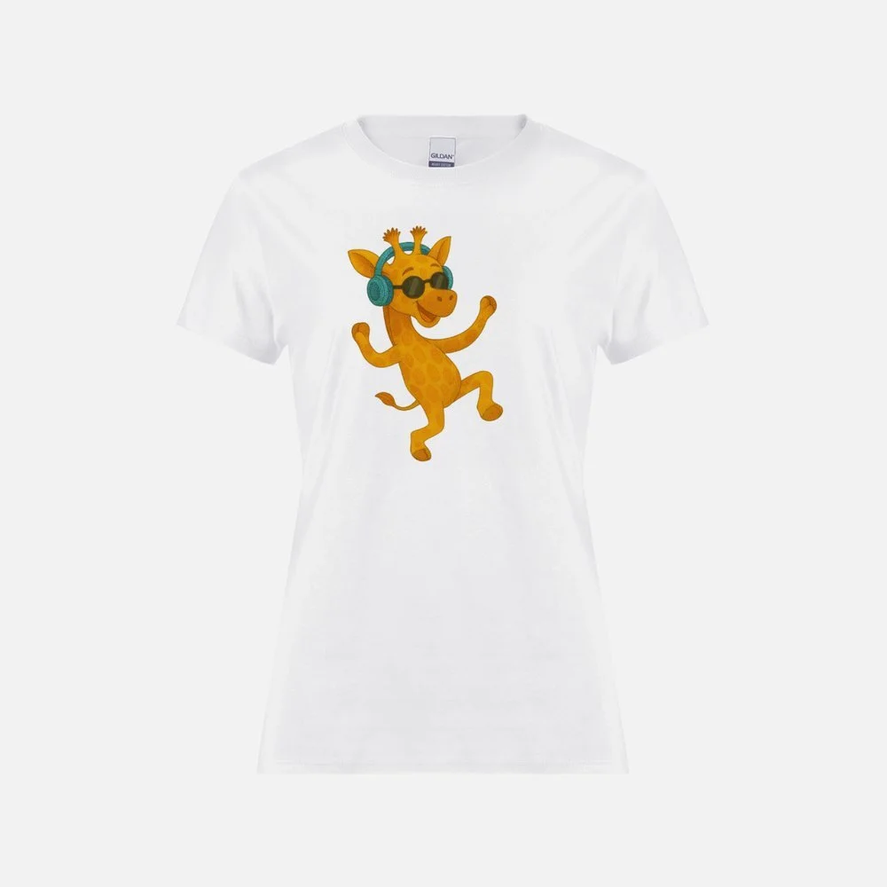 Dancing Twiga with sunnies womens t-shirt white.jpeg