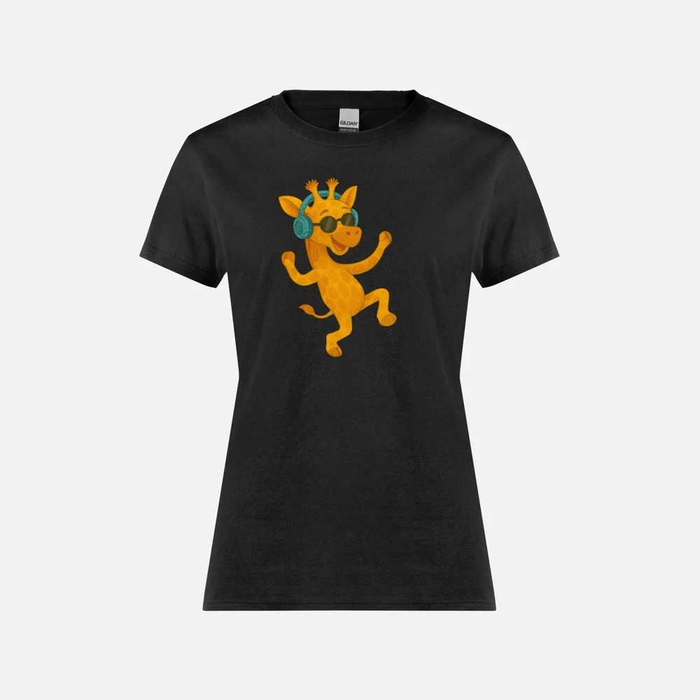 Dancing Twiga with sunnies womens t-shirt black.jpeg