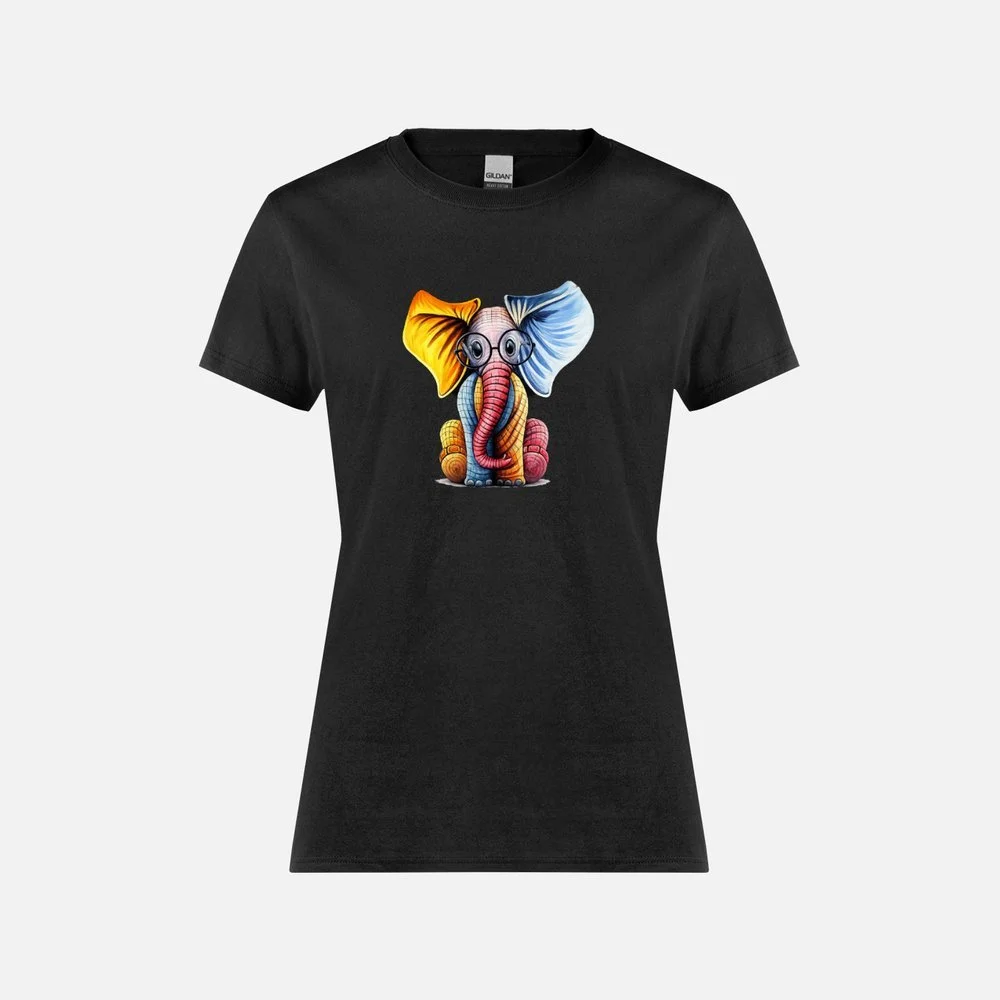 Multicoloured Elephant with Glasses - womens black t-shirt.jpeg