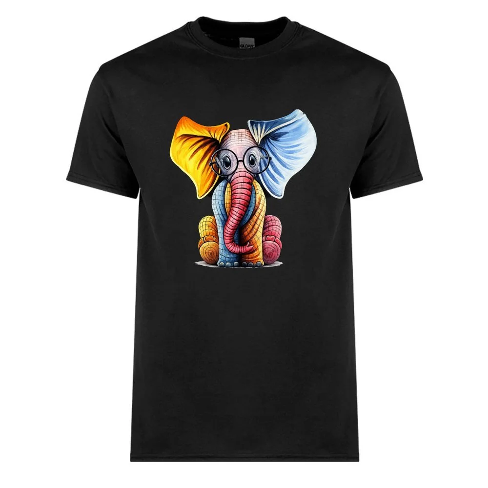 Multicoloured Elephant with glasses - Mens Black Tshirt.jpeg