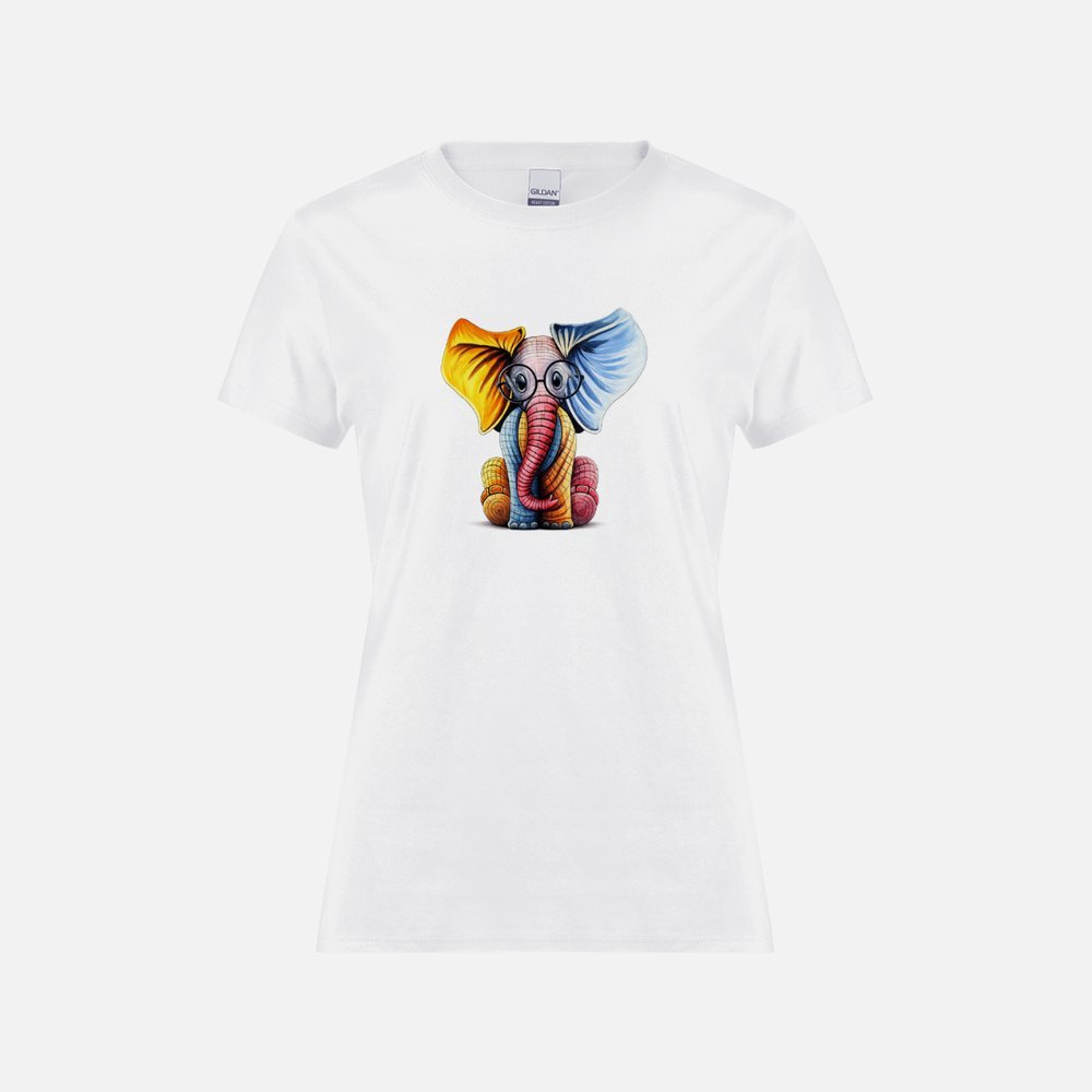 Multicoloured Elephant with Glasses - Womens white t-shirt.jpeg