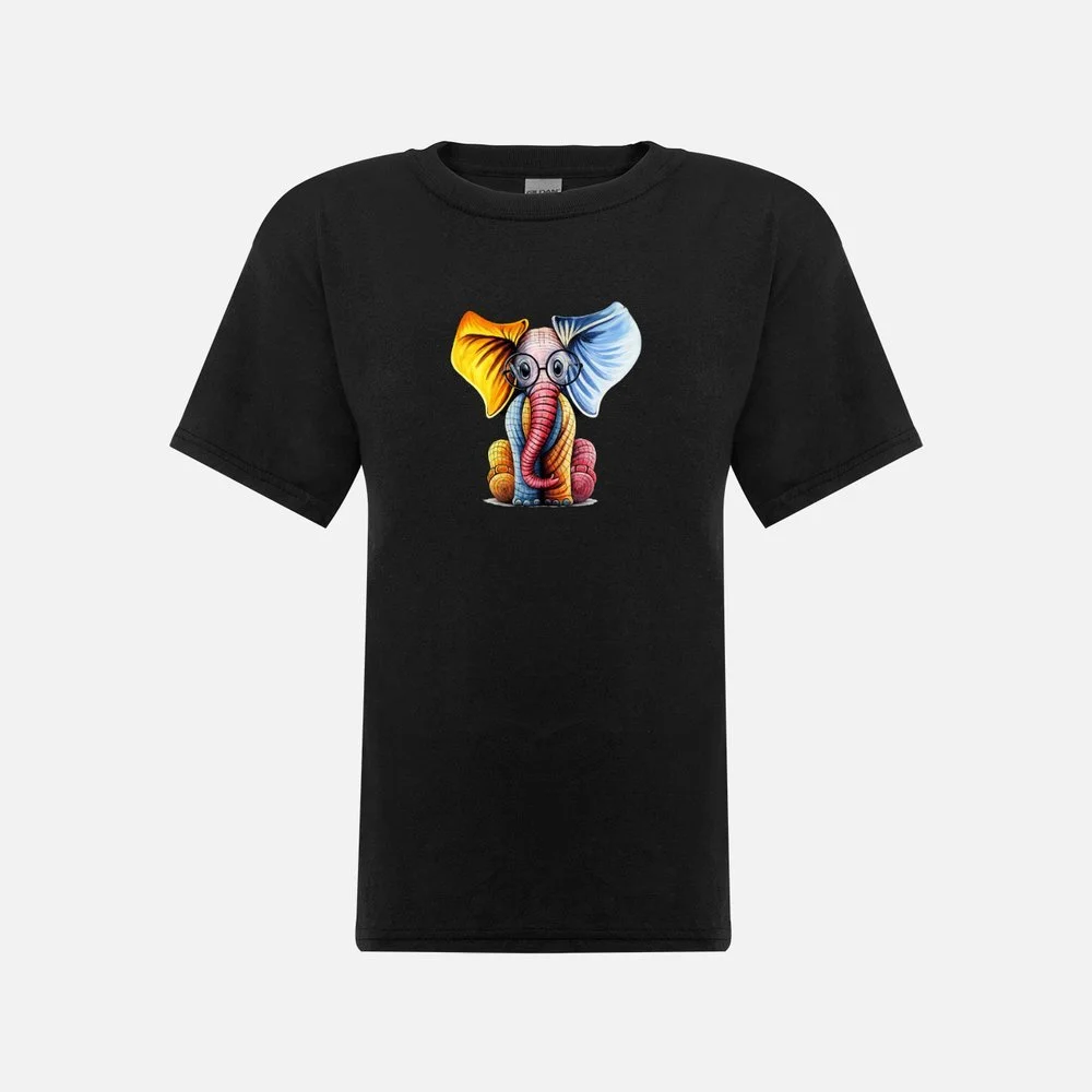Multicoloured Elephant with Glasses - Childrens black t-shirt.jpeg
