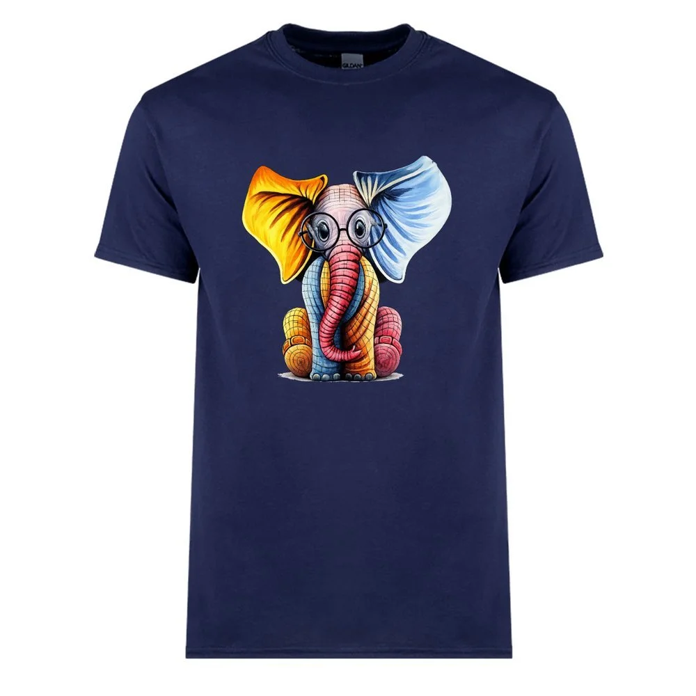 Multicoloured Elephant with Glasses - Mens blue t-shirt.jpeg