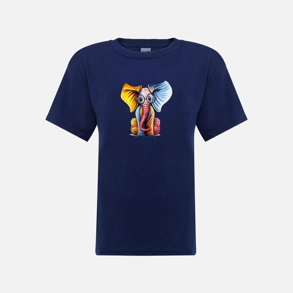 Multicoloured Elephant with Glasses - Childrens blue t-shirt.jpeg