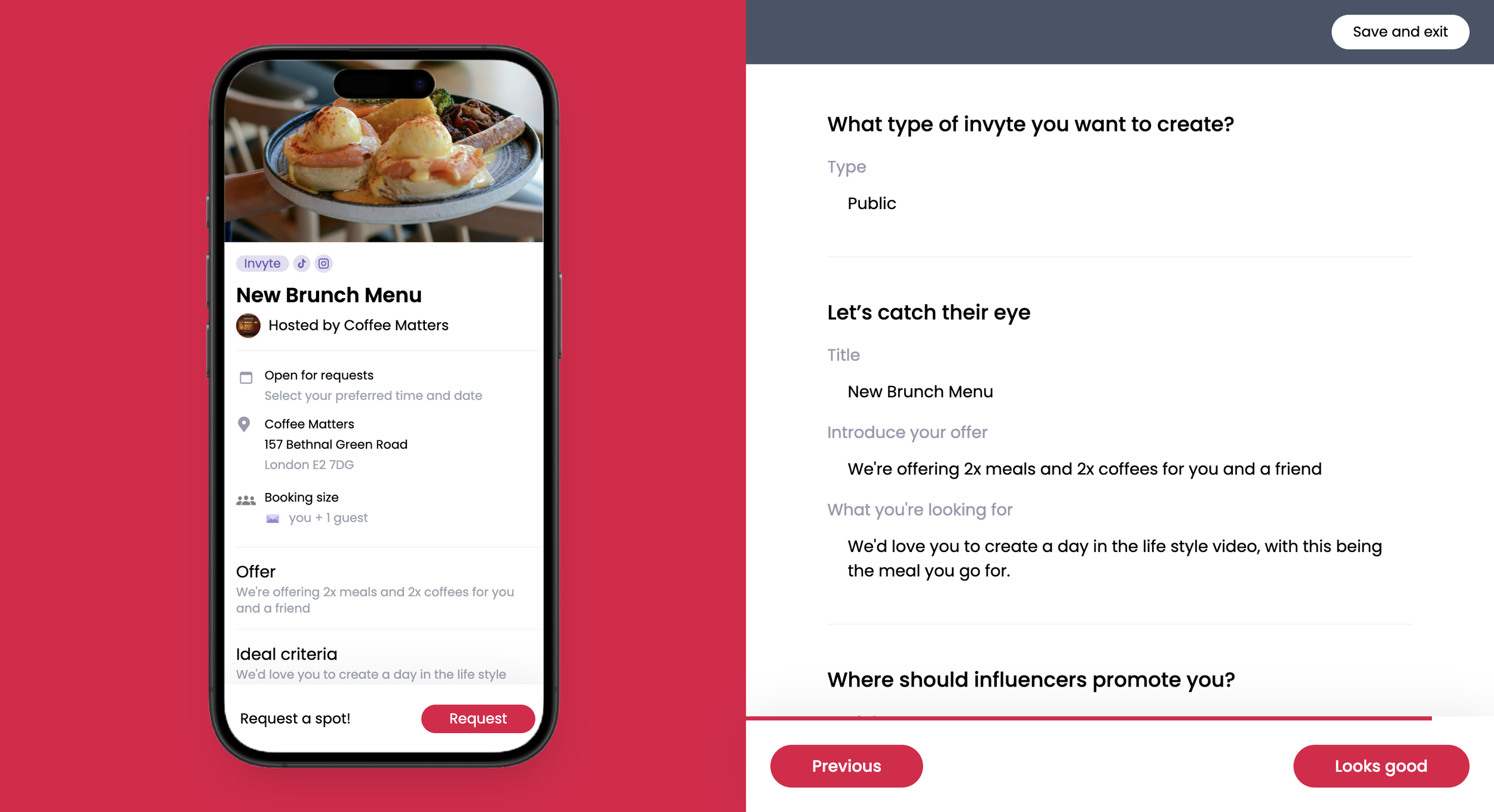 A smartphone screen displaying a digital event invitation for a brunch menu, hosted by Coffee Matters, with details including location, booking options, and an offer for two meals and coffees, against a red background.