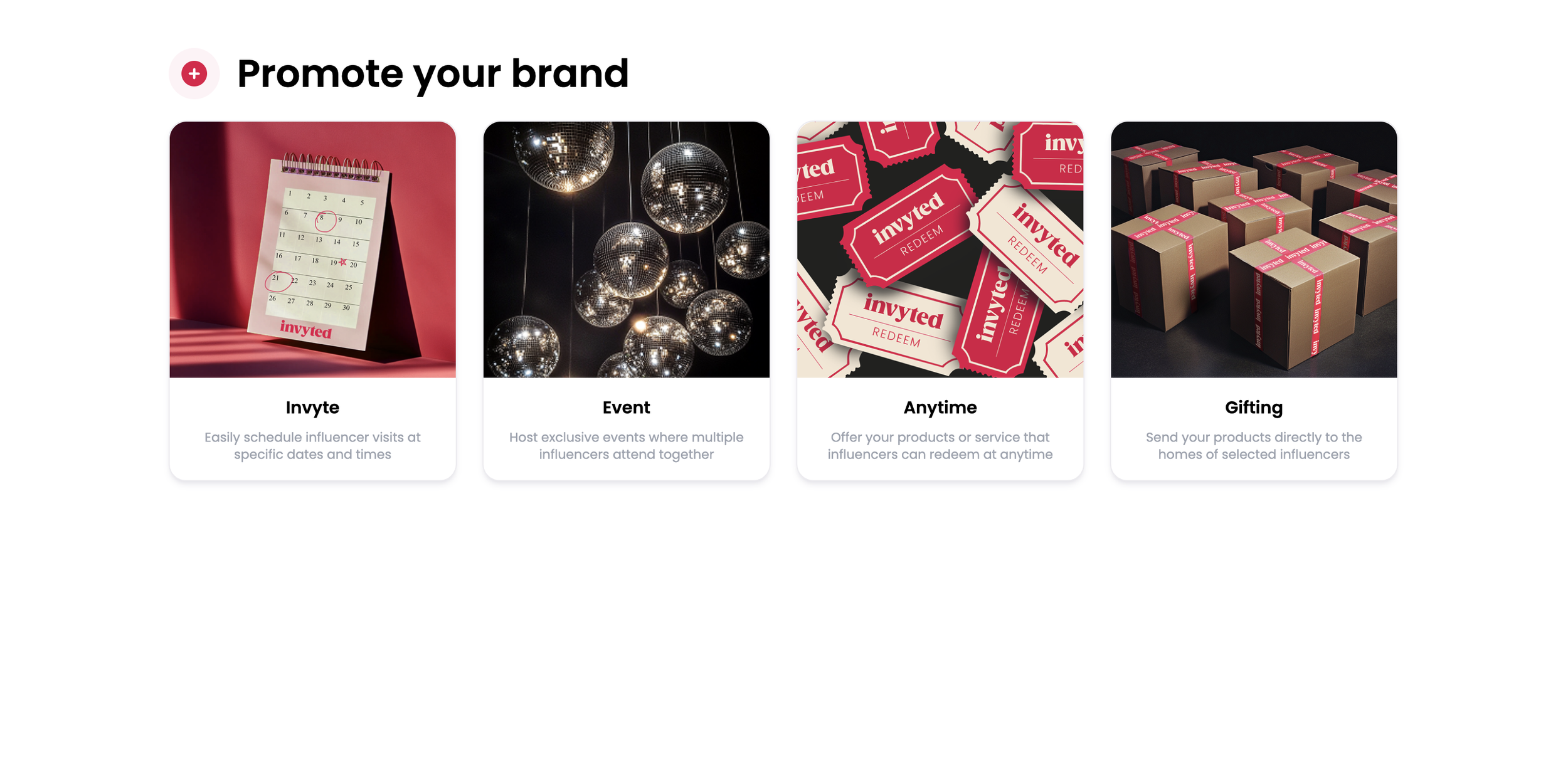 A digital graphic promoting brand engagement options including a calendar with 'invited' marked, disco balls for events, red 'invited' tickets for anytime offers, and gift boxes for product gifting.