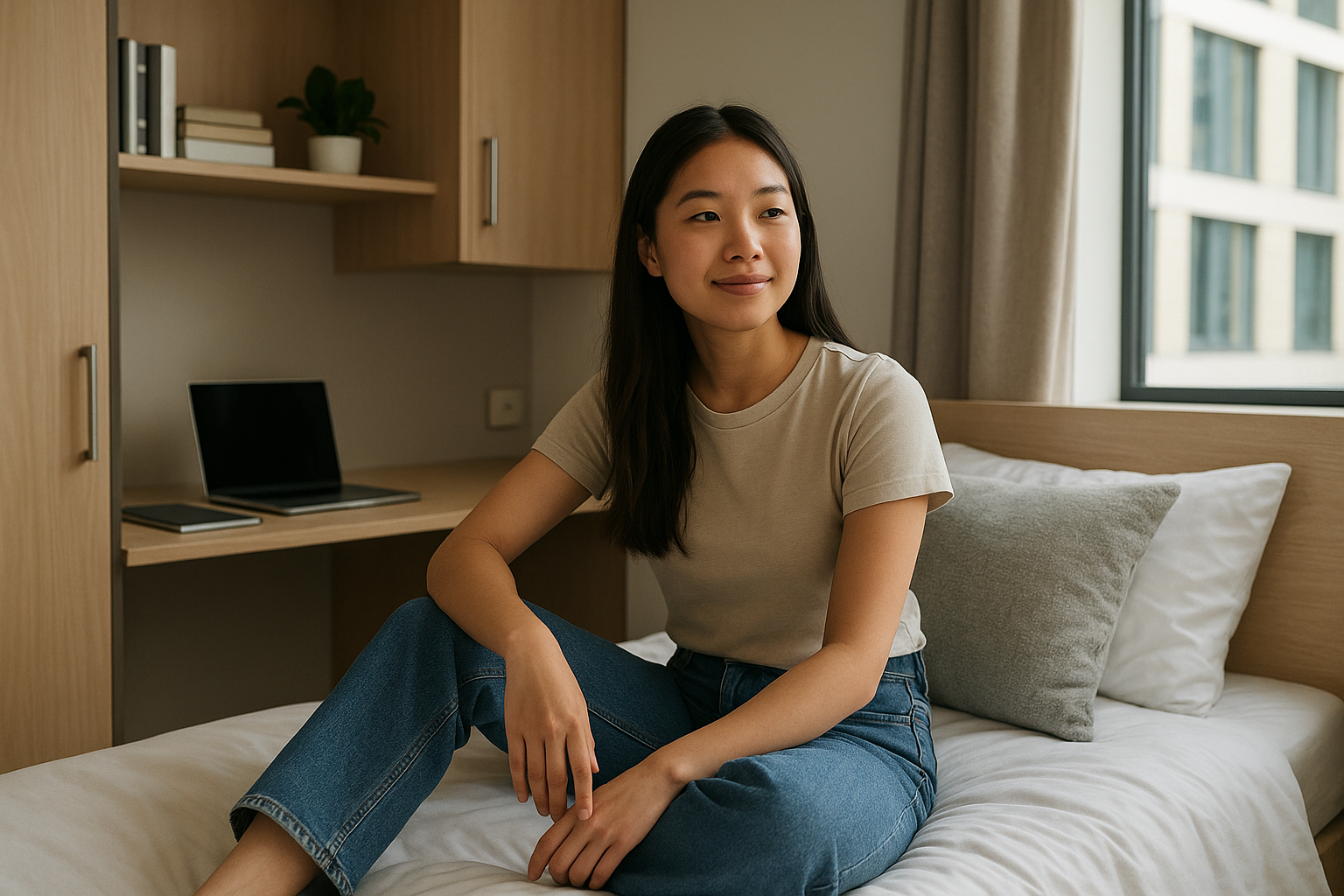 A young woman sitting on a bed in a modern, well-lit room with wooden furniture and a window.