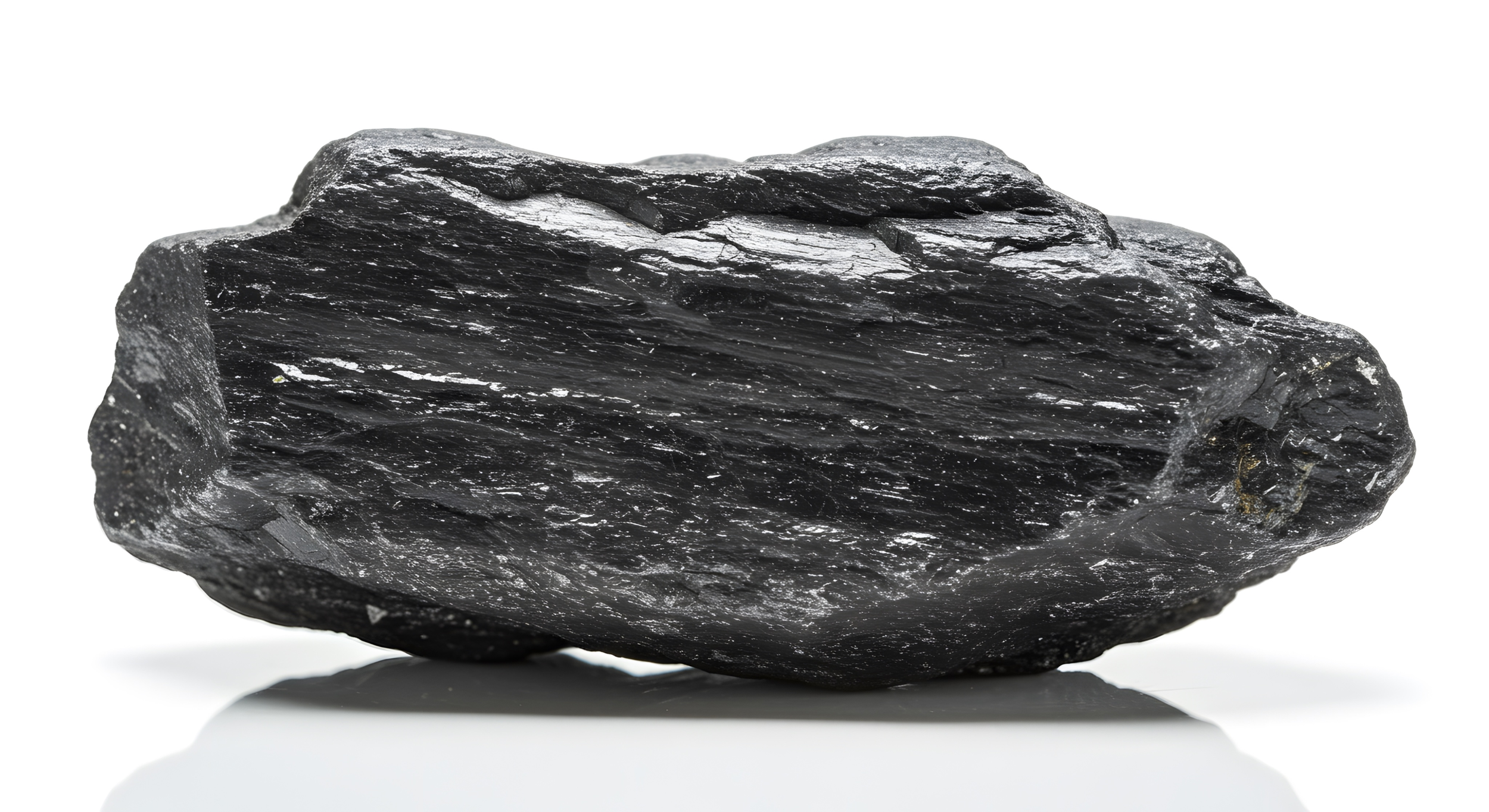 Close-up of a black slate rock with white specks, laying on a white reflective surface.
