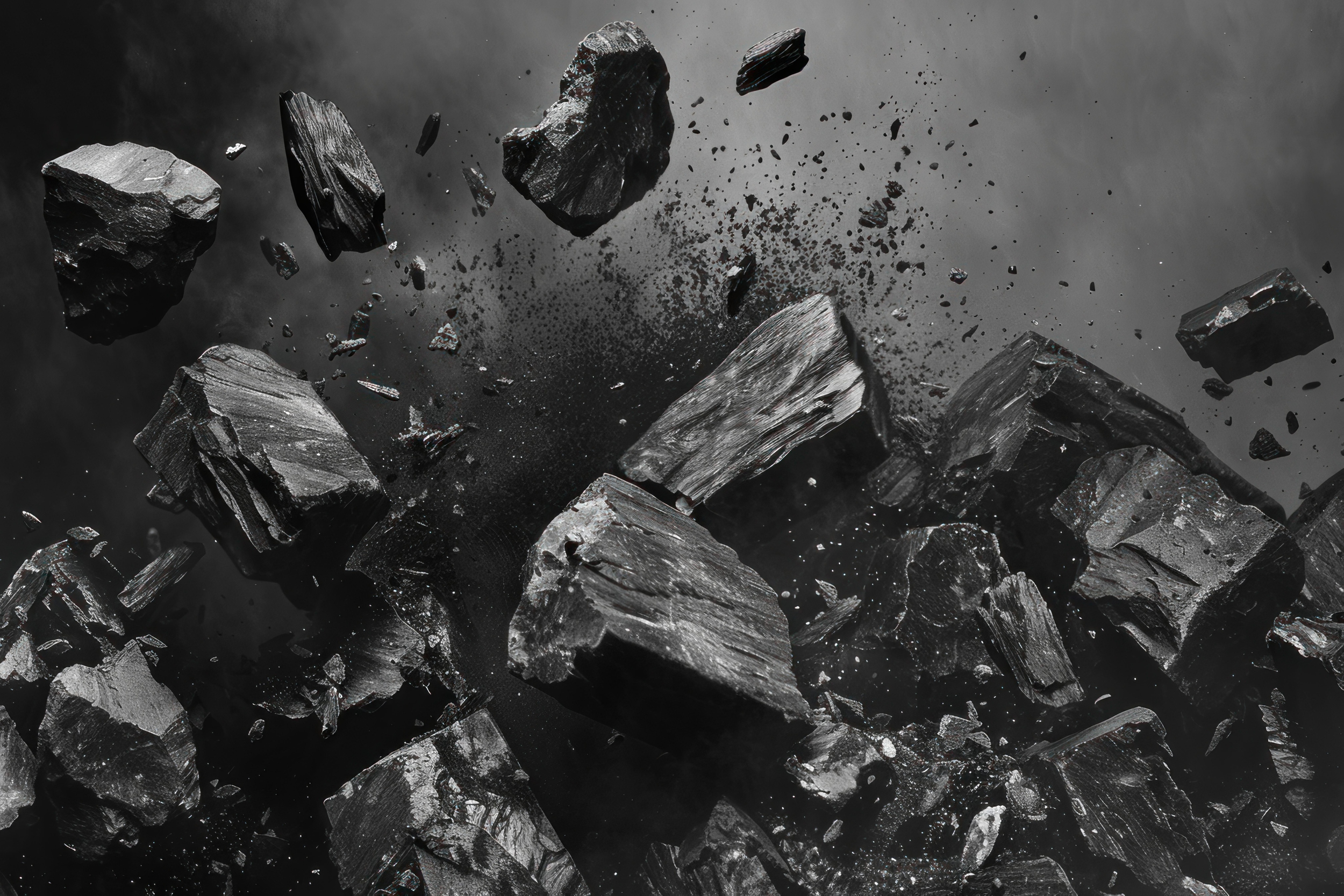 Breaking black coal pieces and dust in mid-air with a dark background.