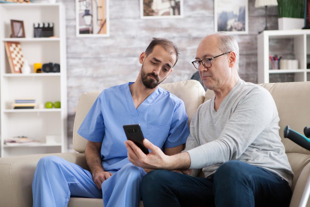 Two men seeing mobile