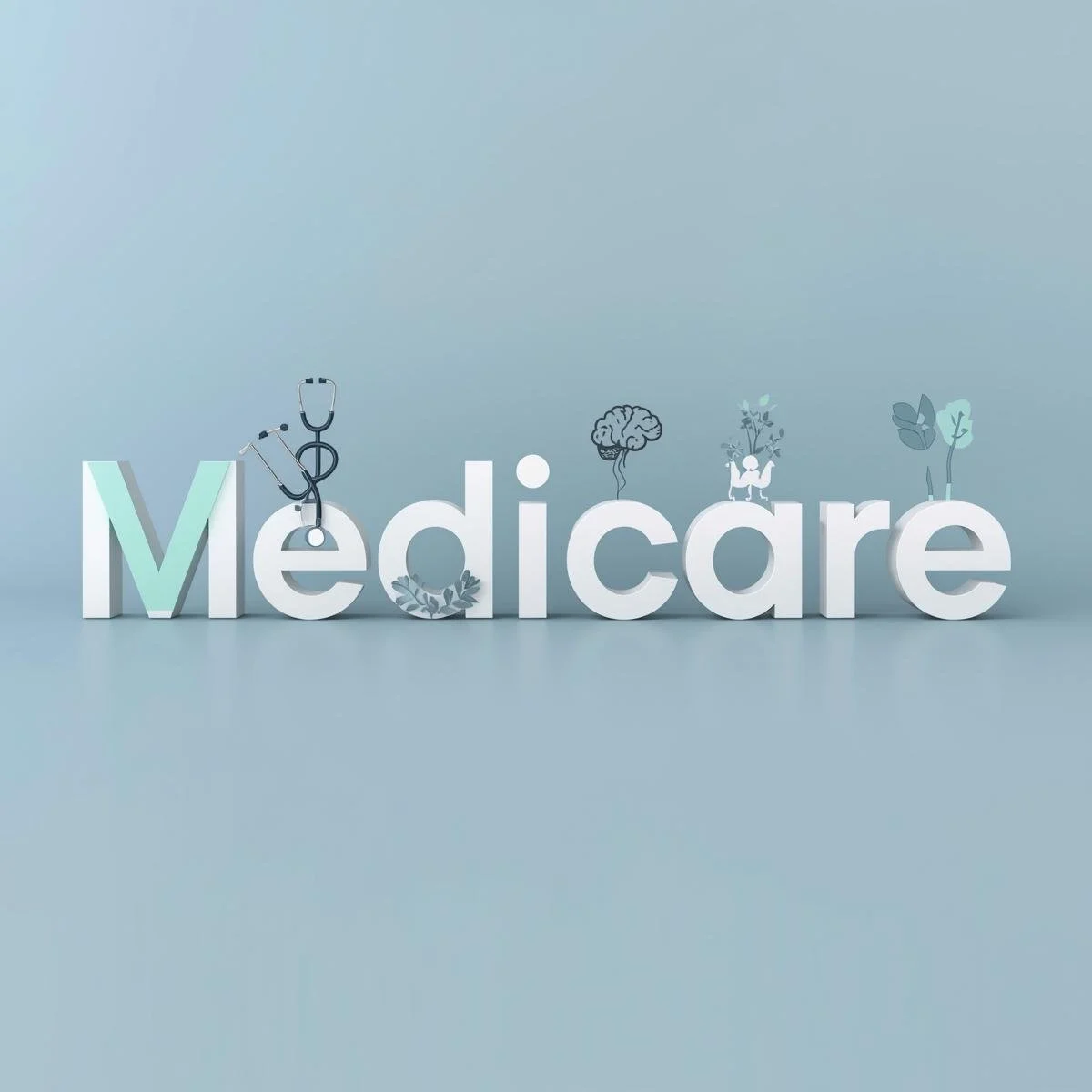 Illustration of the word 'Medicare' with healthcare and nature-themed icons, including a stethoscope, a brain, a plant, a dog, and leaves, on a light blue background.
