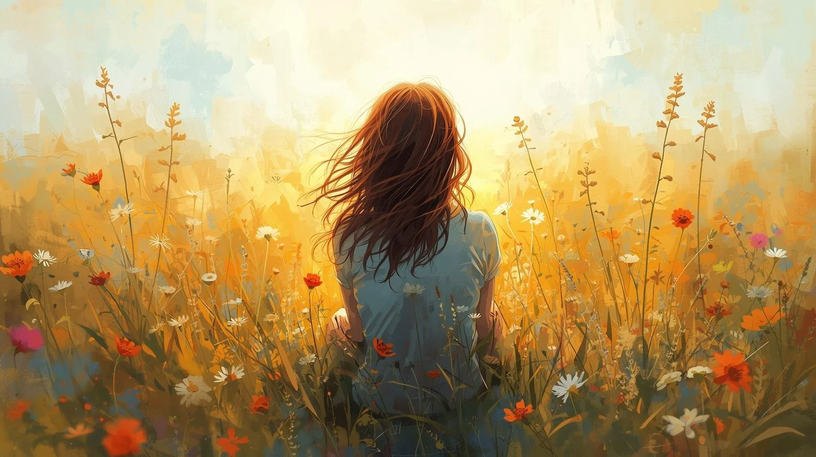 Digital painting of a woman with long hair sitting in a field of wildflowers at sunset.