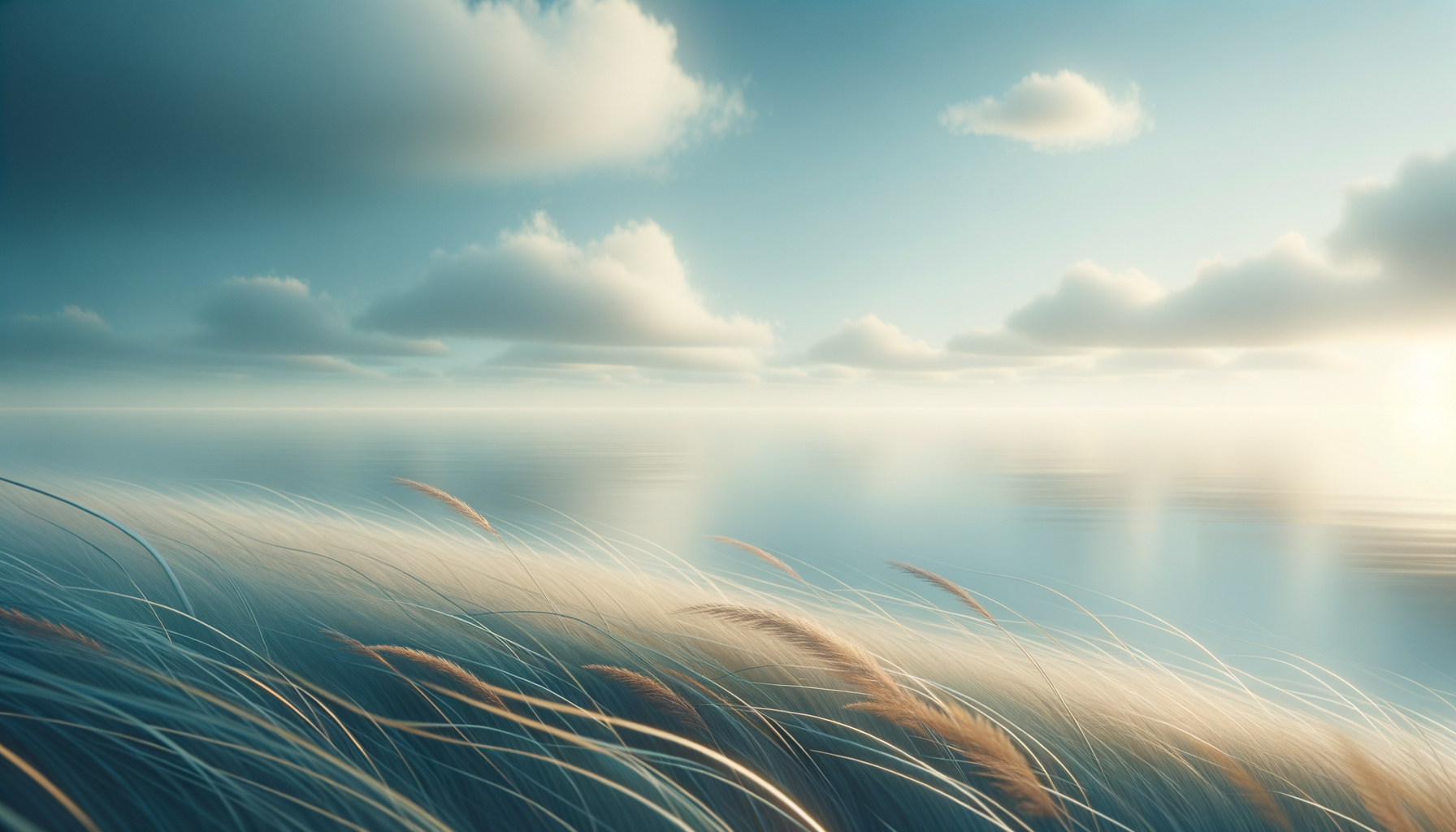 A serene landscape featuring tall grasses in the foreground, a calm body of water, and a sky with clouds and sunlight in the background.
