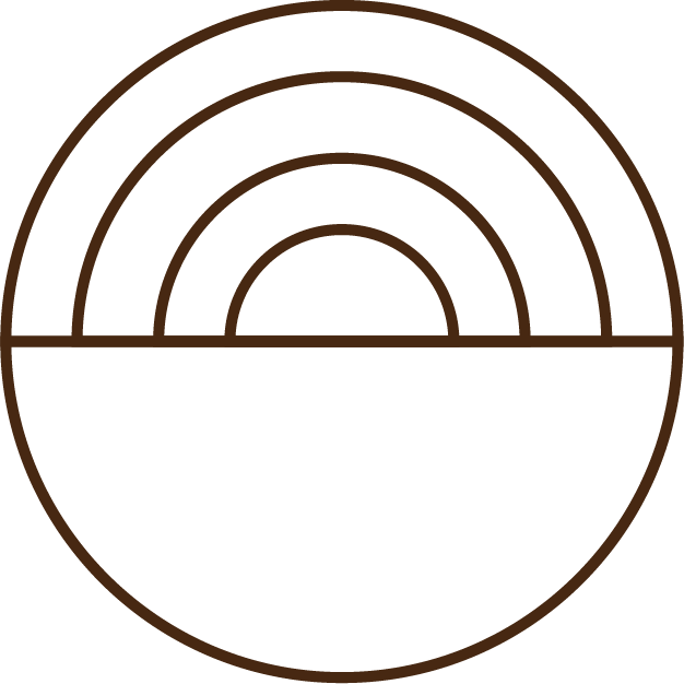 Een grafiek met een halve cirkel en drie geconcentreerde halve booglijnen aan de onderkant, in bruin op een zwarte achtergrond.
