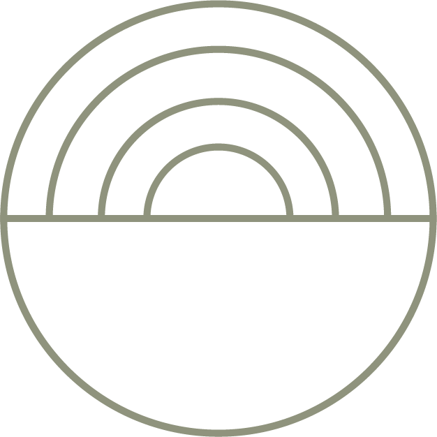 Een cirkel met vier regenbogen en een horizontale lijn die de onderkant van de cirkel scheidt, met een zwarte achtergrond