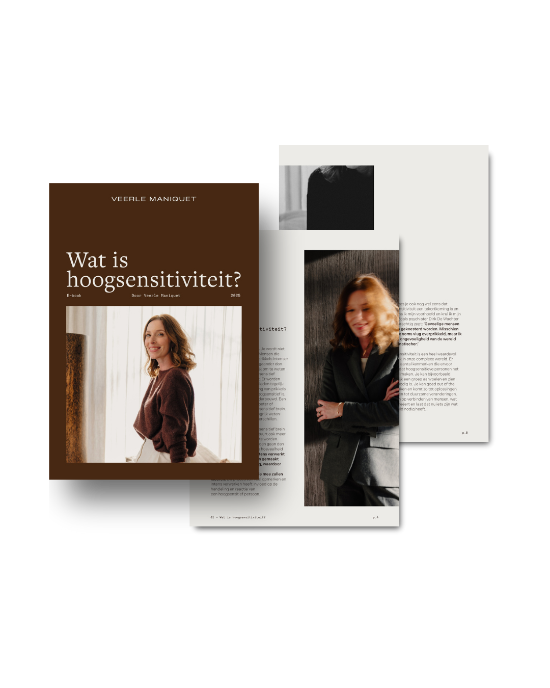 een boek met de titel 'Wat is hoogsensitiviteit?' door Veerle Maniquet, naast twee bladzijden uit het boek met foto's van een vrouw en tekst.