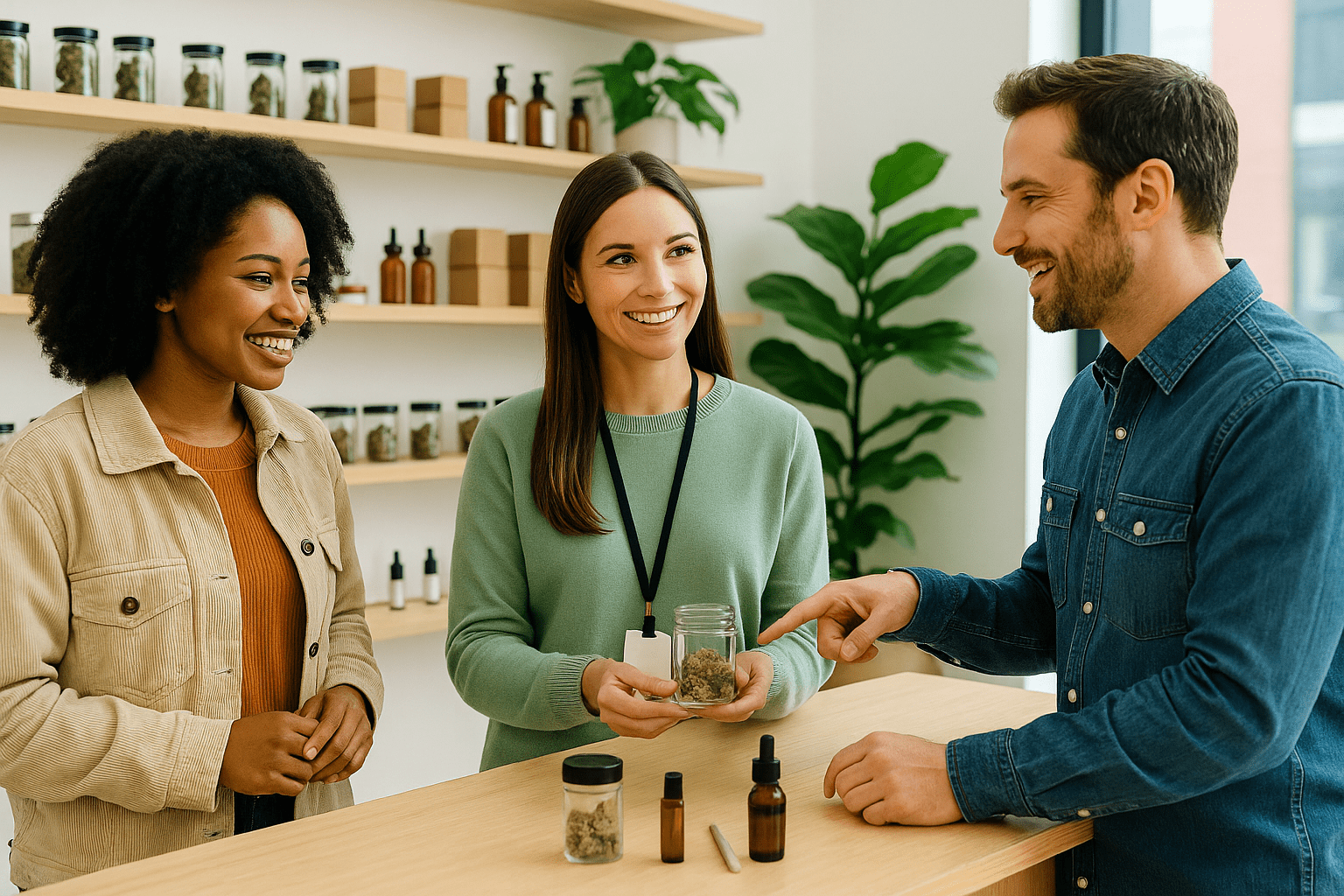 Three people in a store or dispensary, with shelves of jars and bottles behind them. A woman in a green sweater is holding a jar of cannabis while smiling at a man in a blue denim shirt, who is pointing at the jar. A woman in a beige jacket is standing beside them, smiling.