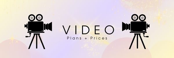 Graphic with two black film cameras and the text "VIDEO Plans + Prices" against a pastel background.